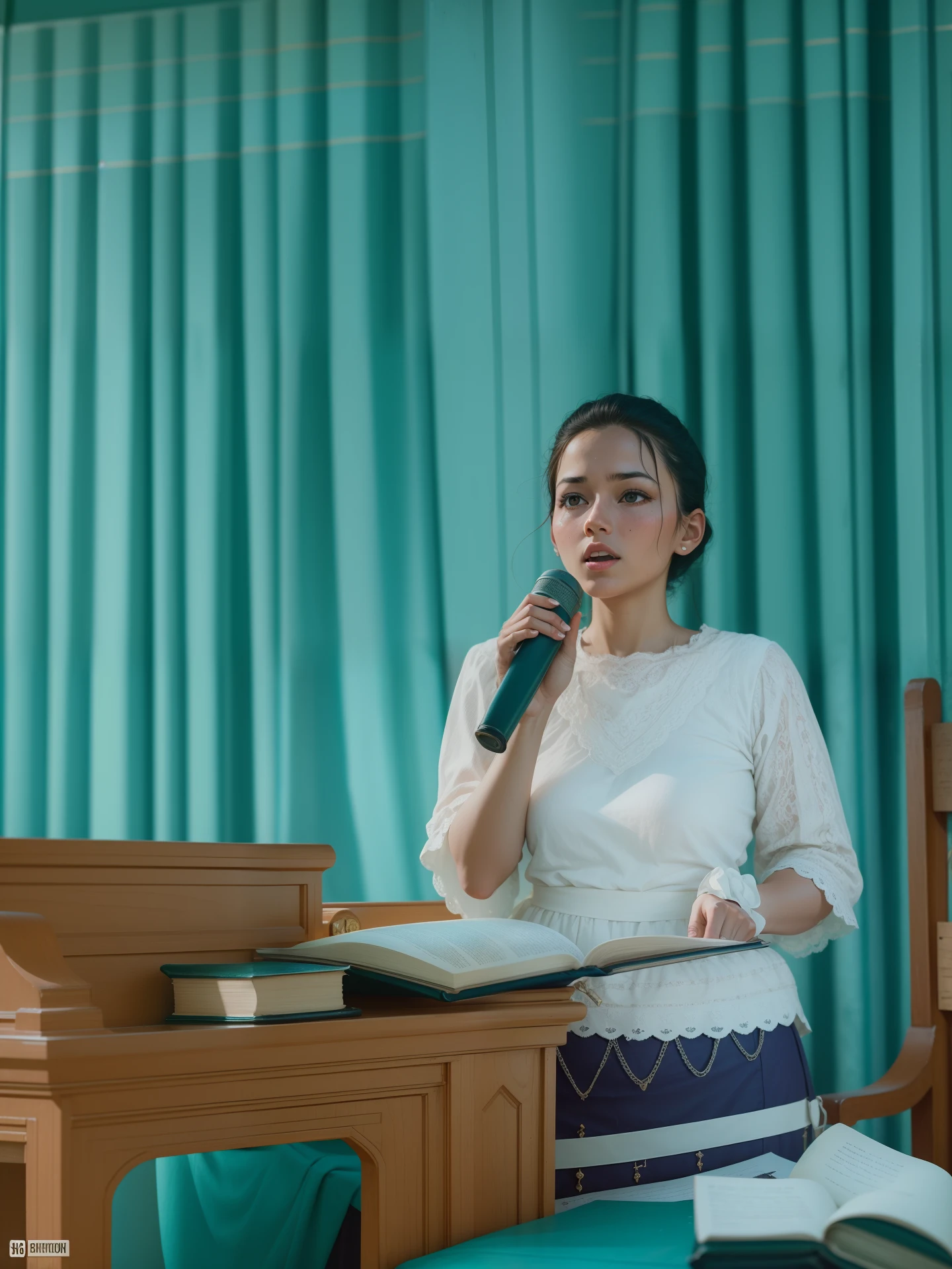 vintage vibe,street photography,retro color grading,sermon in church pulpit,bible book,woman