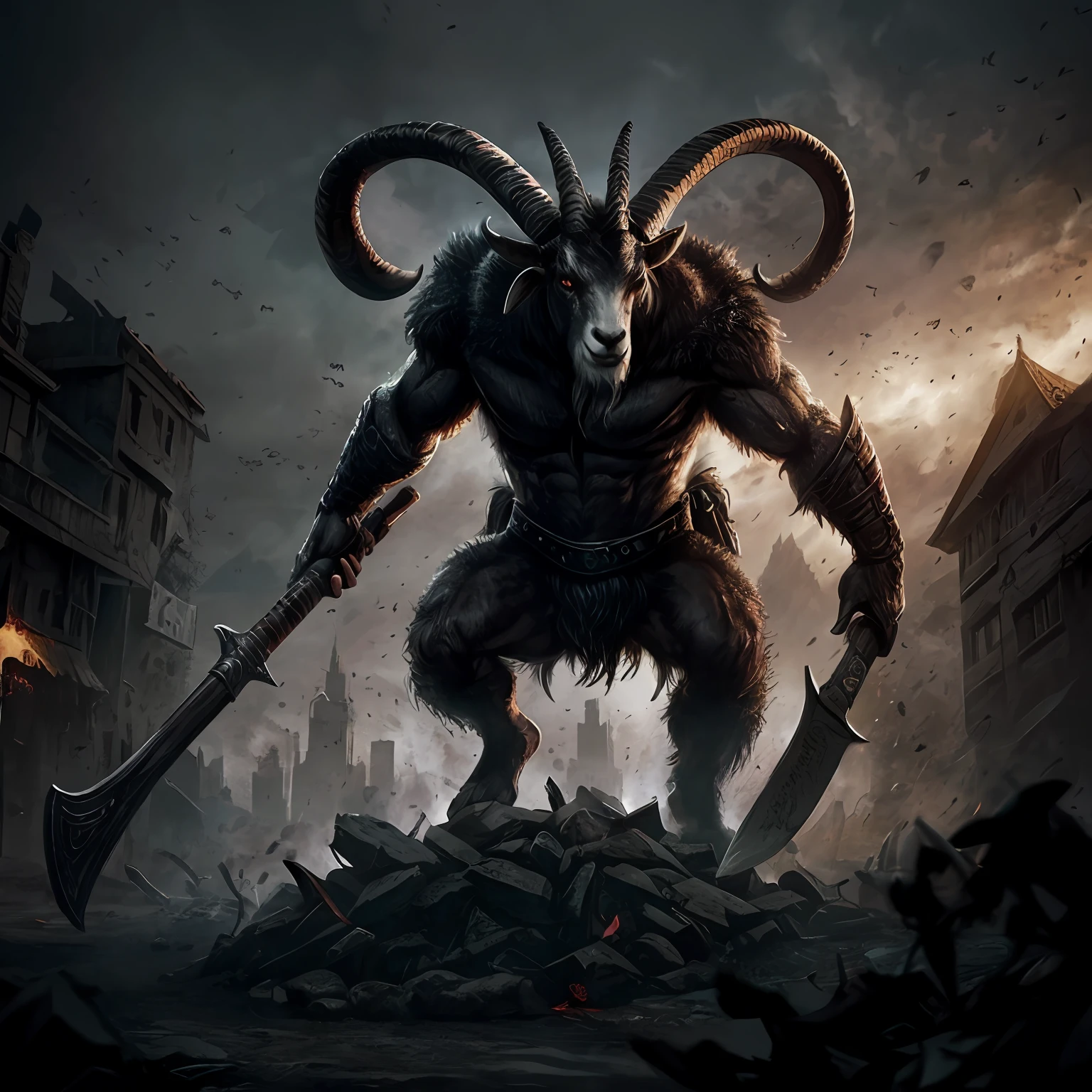 Goat-faced demon ，Wear military uniforms，Pick up the axe，red - eyed，unholy，Fierce，rampage ，Stand at the highest part of the city，Observe the city，Epic dark fantasy digital art，tmasterpiece，high qulity，8K，UHD resolution，Detailed detail drawing，realisticlying，Very realistic，Cinematic light,an award winning photograph, author：Lee Jeffries Nikon D850 Film Stock Photo 4 Kodaport 400 Camera F1.6 lens rich colors hyper realistic lifelike texture dramatic lighting unrealengine trending on artstation cinestill 800,