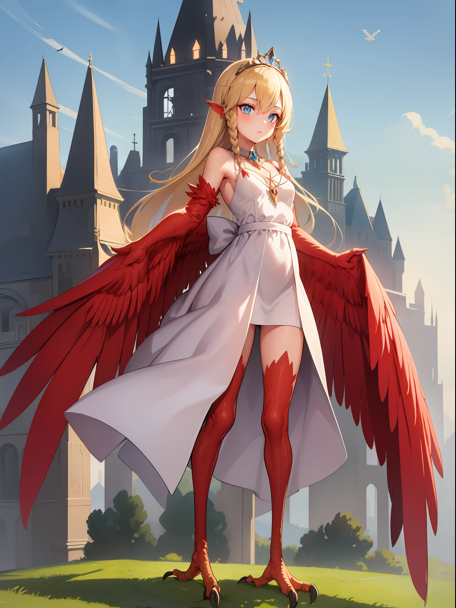 1girl,solo,harpy, standing,blond hair,braid, blue eyes, long hair,red feathers,wing arms,bird legs, short dress, jewelry,tiara,castle