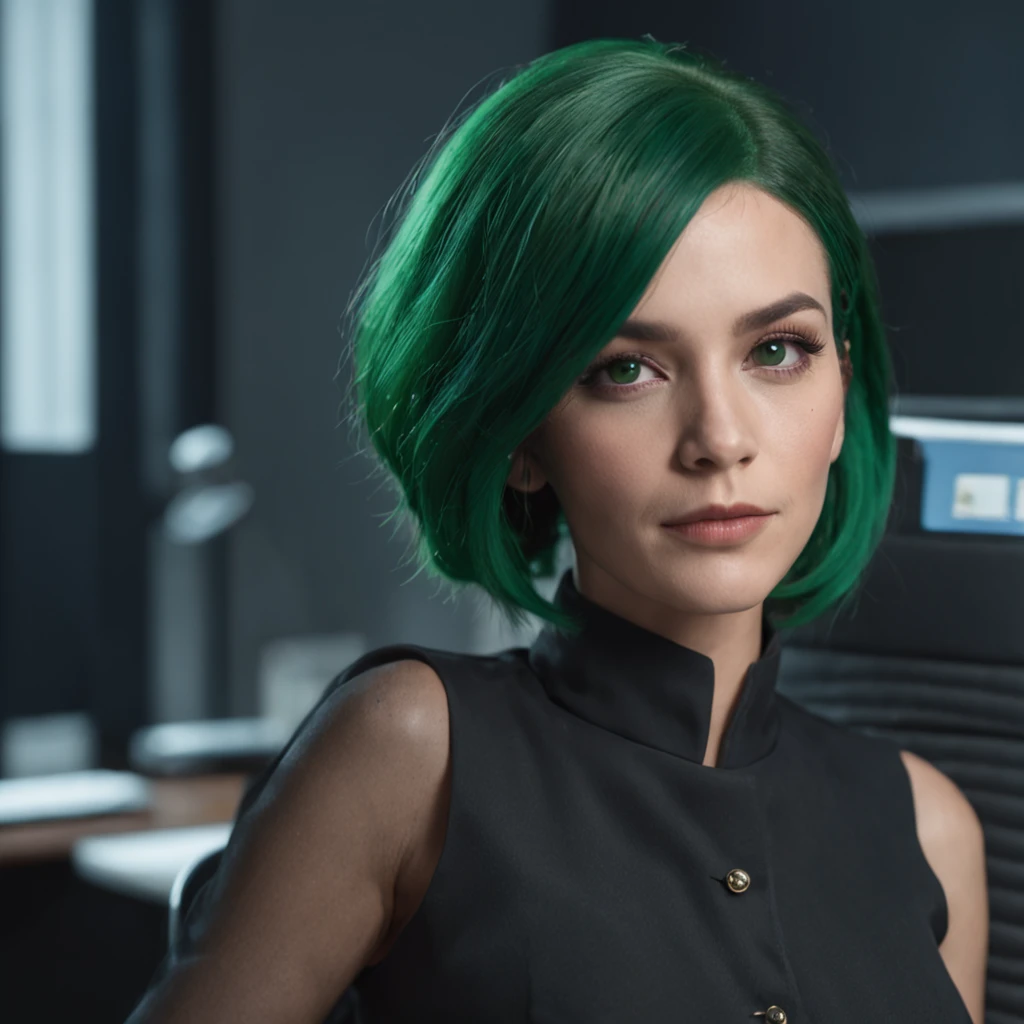 "Masterpiece, intricate detail, 8k, hires, ultra detailed,"1 woman with green bobs hair is seated in an office chair, wearing work attire and half naked, in an office space during the nighttime. The dimly lit room casts a soft glow, accentuating her unique hair color and creating a focused atmosphere. Her presence exudes professionalism and a sense of dedication as she works diligently at her desk."