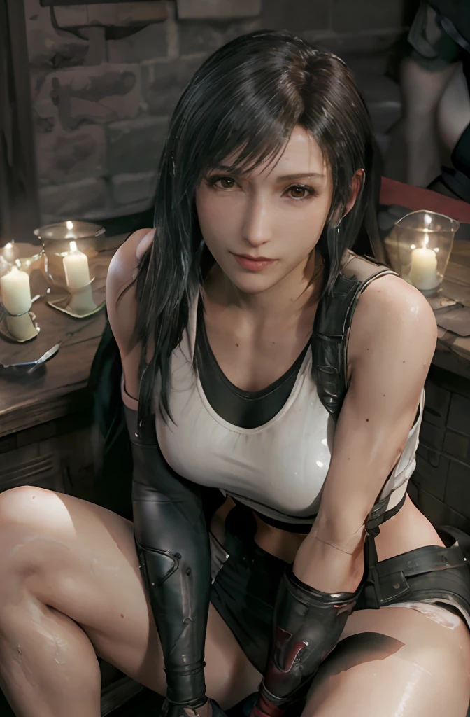 High quality, (highdetailskin:1.4), Photography,  Convoluted, Delicate、full body Esbian、sexual, one girls, (( Final Fantasy 7R,Tifa Lockhart)), wetting hair、Wet face、Wet Wet Body,fullnude、Opening legs、cabelos preto e longos、爆乳