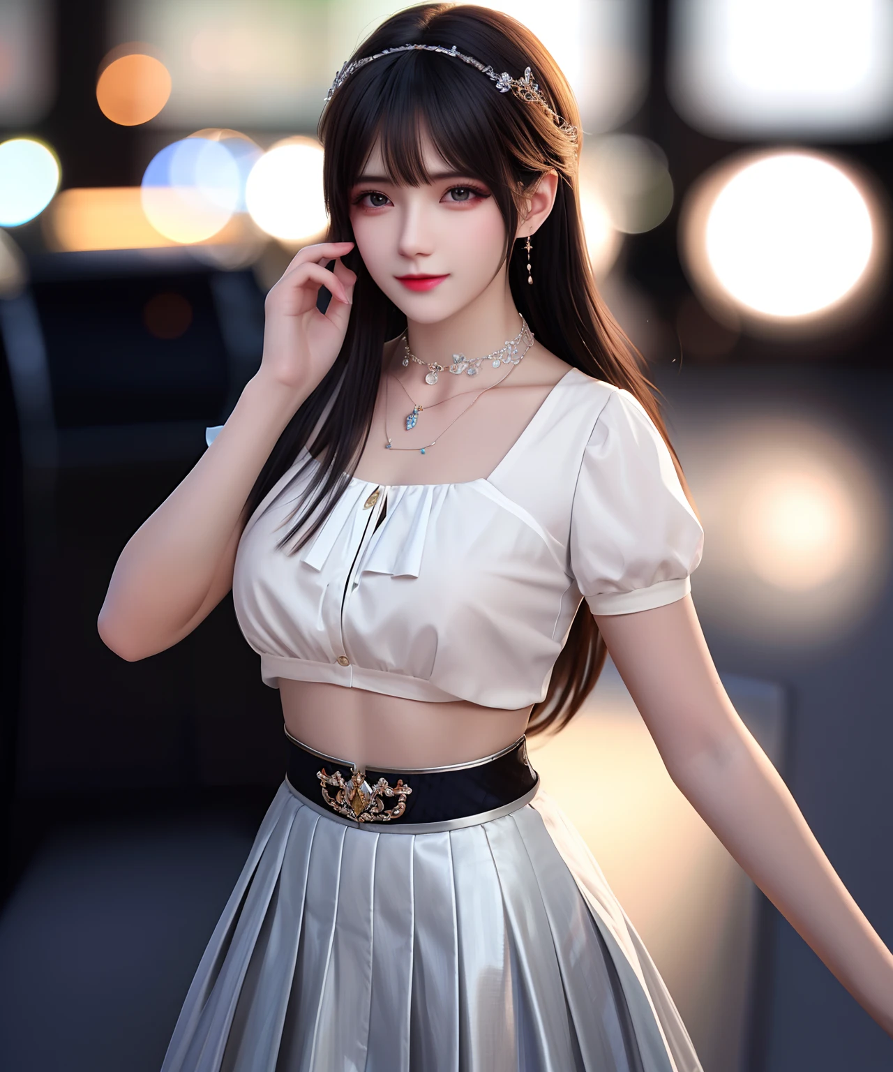 best qualtiy,tmasterpiece,A high resolution,1girl,Porcelain skirt,hair adornments,choker necklace,jewely,beautiful face,Physically,dingdall effect,realisticlying,dark studio,edge lit,twotonelighting,(highdetailskin:1.2),8k uhd, dslr, softlighting, high high quality, volumettic light, sneak shot, photore, A high resolution, 4k, 8k, Background bokeh,full bodyesbian,skinny pants