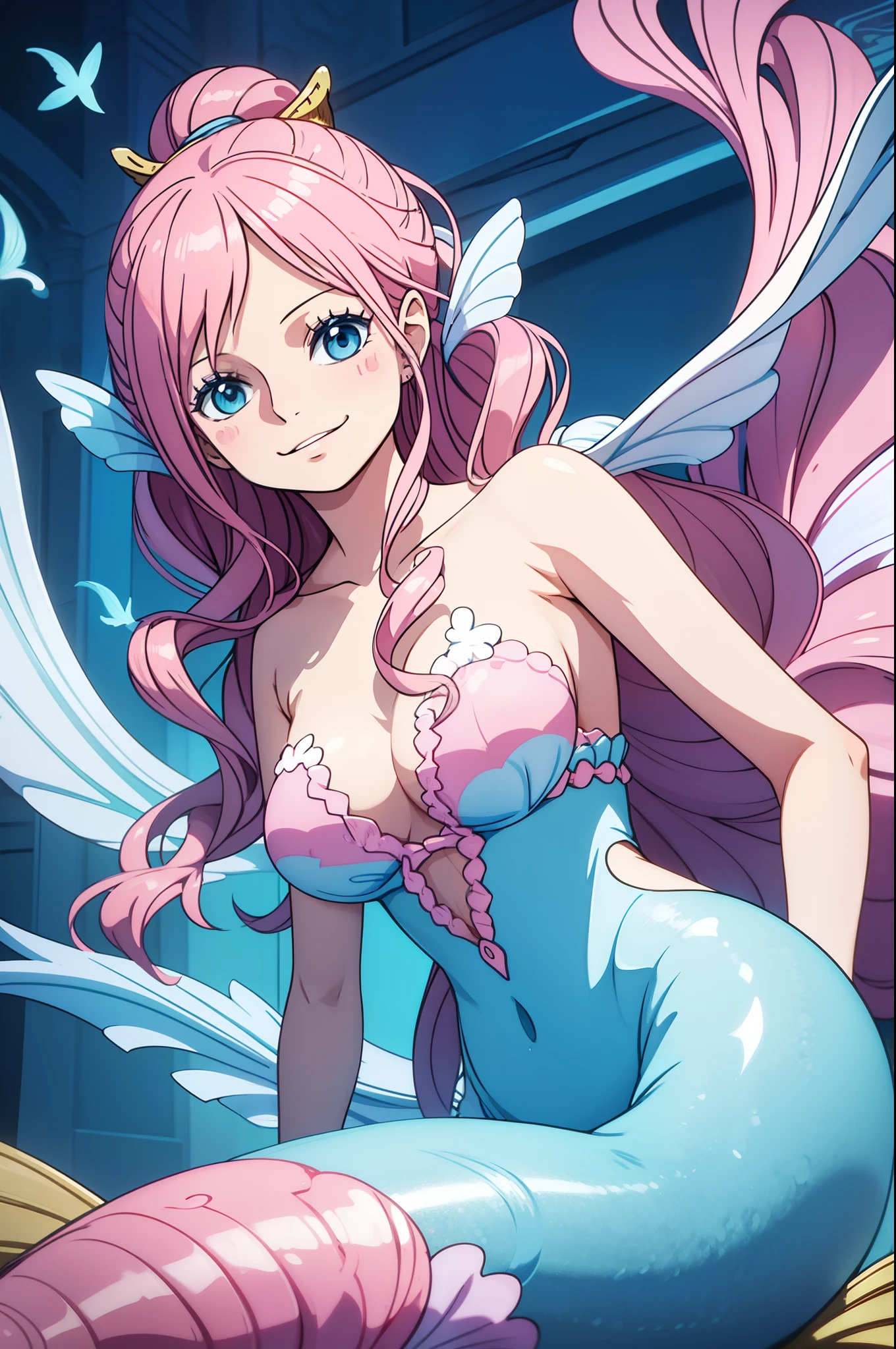 tmasterpiece，best qualtiy，mermaids，A pink-haired，ssmile，Shells on the breast，Blue fish tail