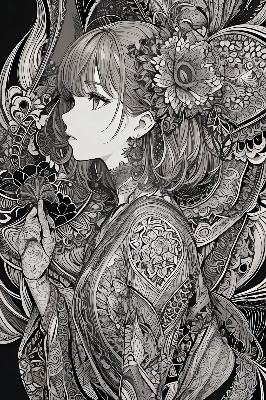 (1girl, solo, from side), extremely detailed, (abstract background, zentangle, fractal art:1.3), (many colors, colorful:1.1), (feathers, petals, flowers:1.3), dynamic pose, earrings