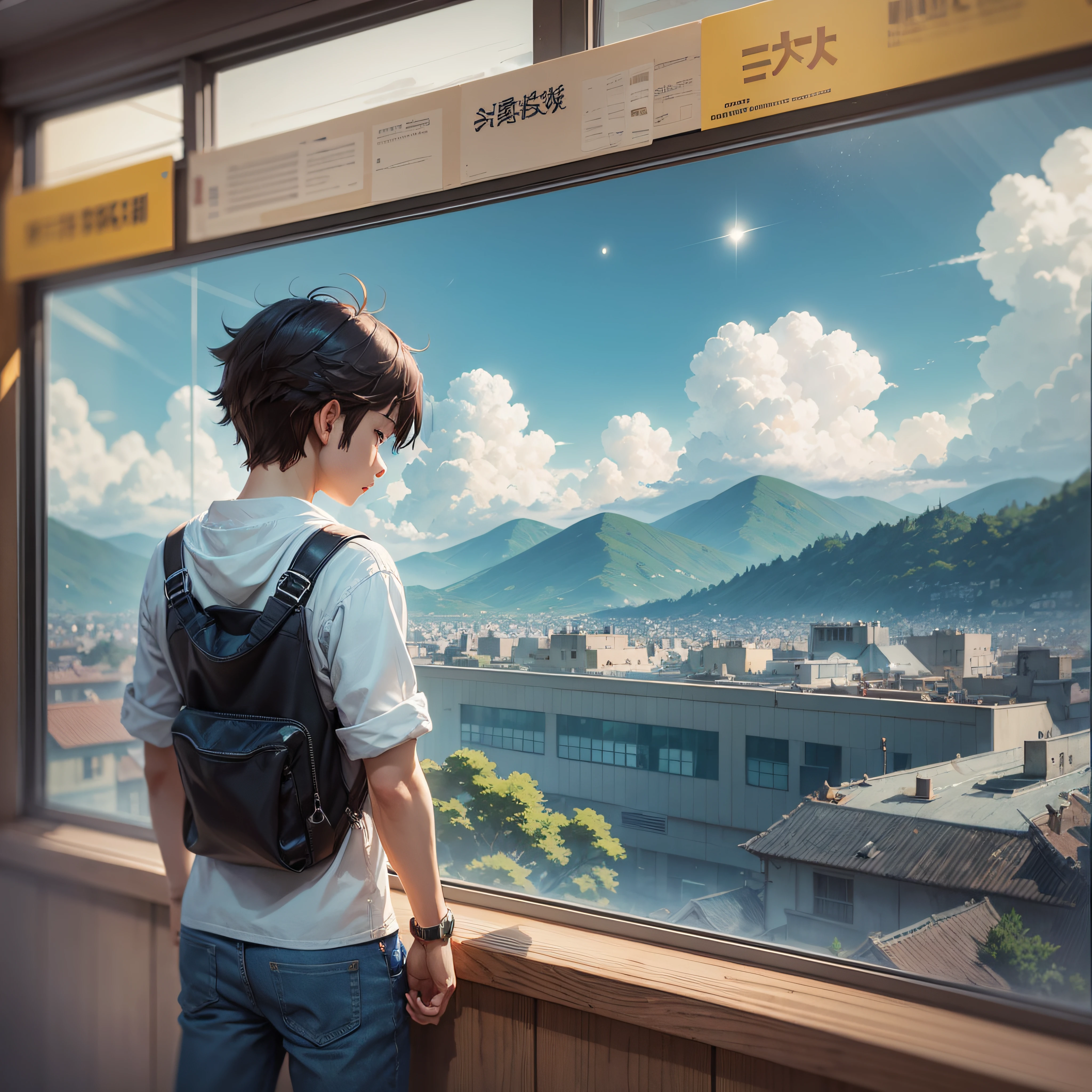 A boy scratched his hair in frustration,Mirror image instead, calm and calm retro style Makoto Shinkai picture,pixiv,concept-art,Lofi art style,glint。 by makoto shinkai, lofi art, beautiful anime scenes, Anime landscapes, Detailed scenery —width 672, in style of makoto shinkai, style of makoto shinkai, blue sky, comet, starring