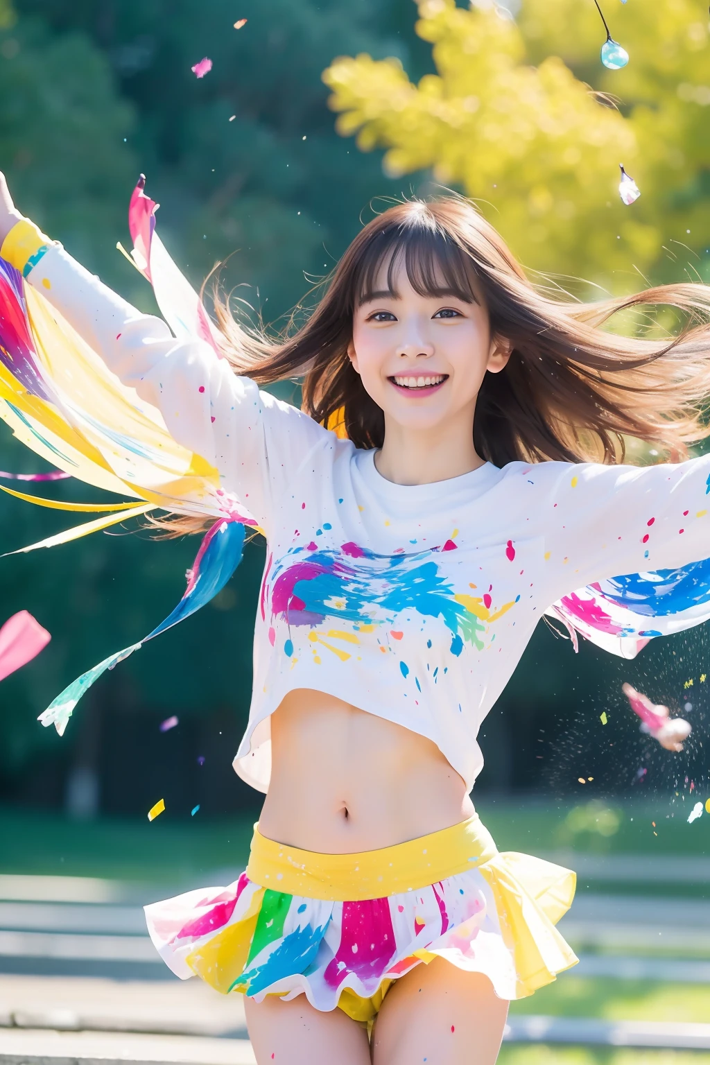 (top-quality、8K、32K、masterpiece)A Japanese Lady、Jumping、Transparency、a smile、Colorful backgrounds、Paint splattered、