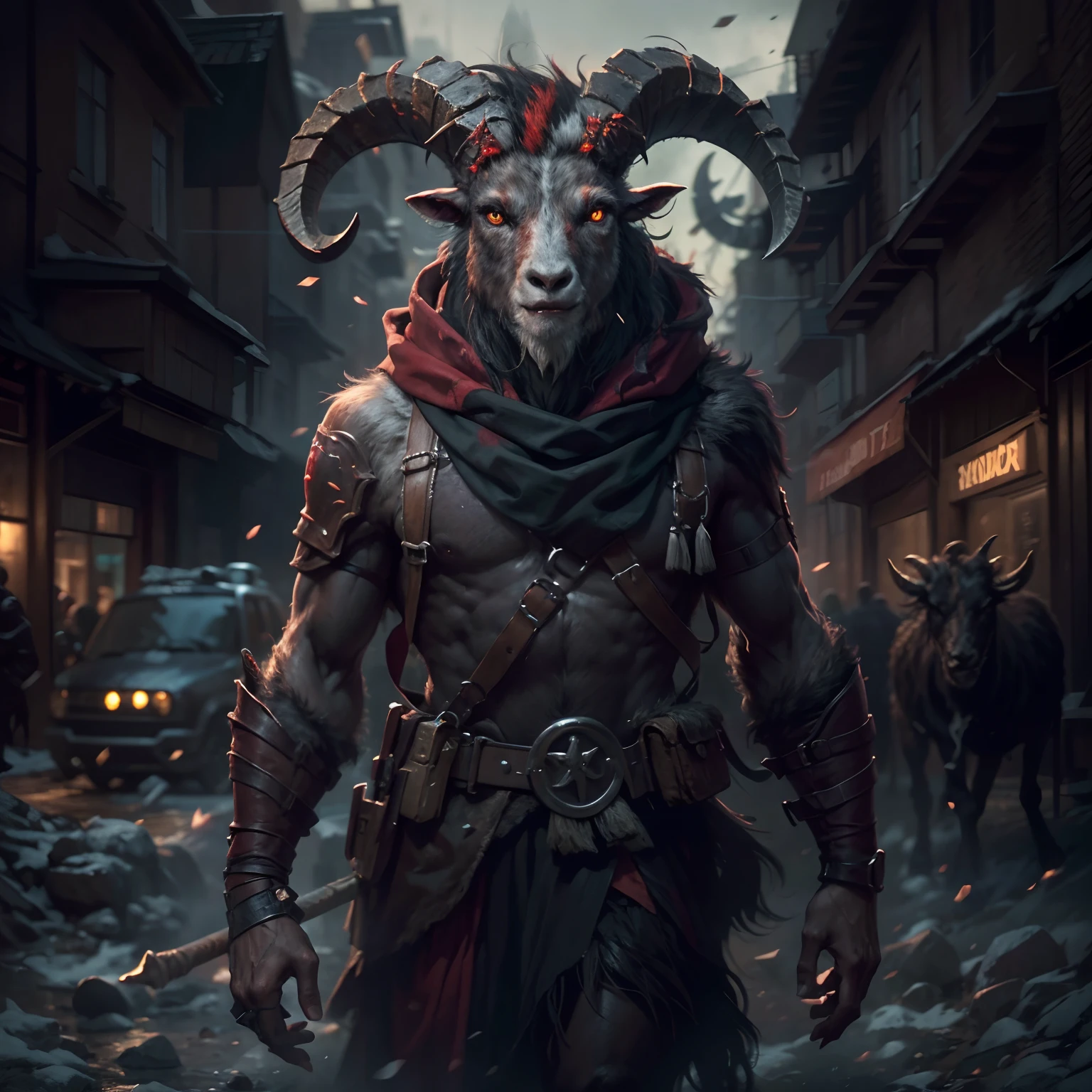 Goat-faced demon ，Wear military uniforms，Pick up the axe，red - eyed，unholy，Fierce，rampage ，Stand at the highest part of the city，Observe the city，Behind is the Demon Legion，Epic dark fantasy digital art，tmasterpiece，high qulity，8K，UHD resolution，Detailed detail drawing，realisticlying，Very realistic，Cinematic light,an award winning photograph, author：Lee Jeffries Nikon D850 Film Stock Photo 4 Kodaport 400 Camera F1.6 lens rich colors hyper realistic lifelike texture dramatic lighting unrealengine trending on artstation cinestill 800,