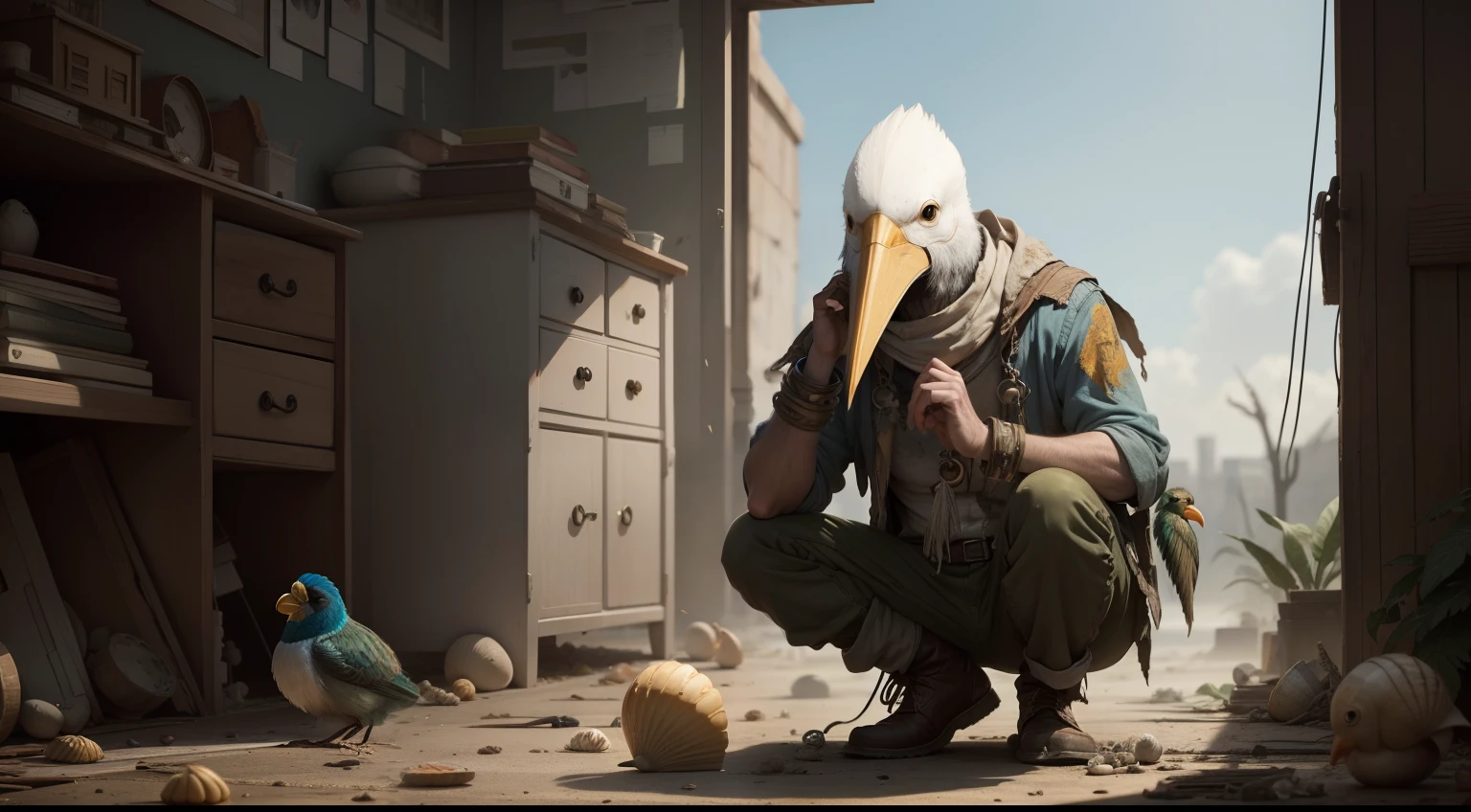 Bird-headed bird-beaked man，The shell is broken，decrepit