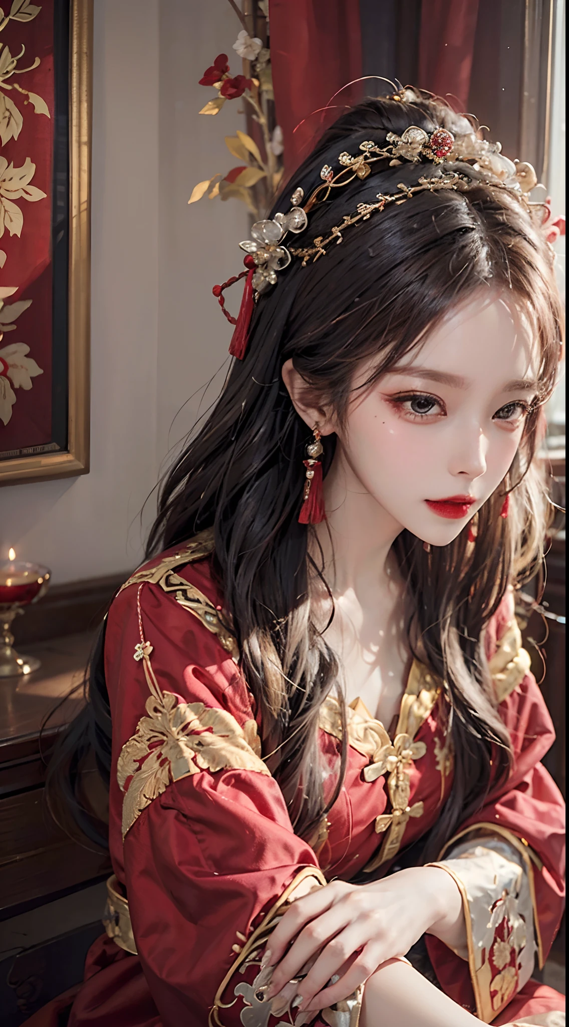 (Ultra-realistic 8k CG: 1.2), perfect artwork, delicate patterns, intricate details, (unparalleled masterpiece, best quality: 1.2), (extremely complex: 1.2), a woman in a red and gold dress, phoenix crown, hair stick, (sitting on a red bed), makeup, blush, shyness, white hair, looking down, cosmetics, (forehead point), (2 red candles), Chinese_clothes, curtains, earrings, hair_ornament,hanfu, interior, jewelry, red nails, long_sleeves, red dress, red lips, tassels, (red quilt), (red palace: 1.2), (ancient Chinese architecture), (red: 1.8), night