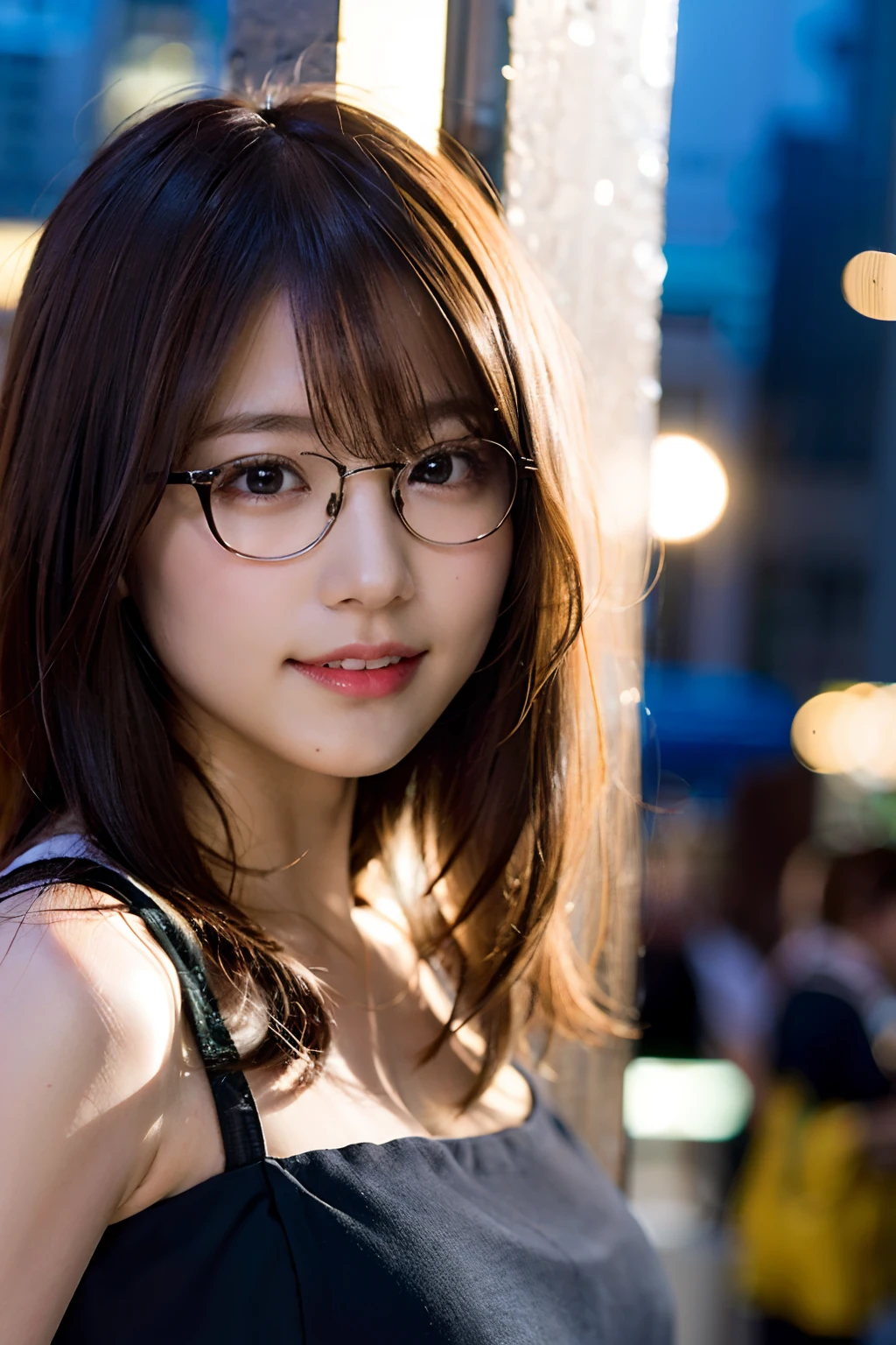 (8K、Raw photography、top-quality、​masterpiece:1.2)、(realisitic、Photorealsitic:1.37)、ultra-detailliert、超A high resolution、女の子1人、see the beholder、beautifull detailed face、A smile、Constriction、(Slim waist) :1.3)、Beautiful detailed skin、Skin Texture、Floating hair、Professional Lighting、Beautiful place with a night view、Black-rimmed square glasses、Whole human body、Brown hair