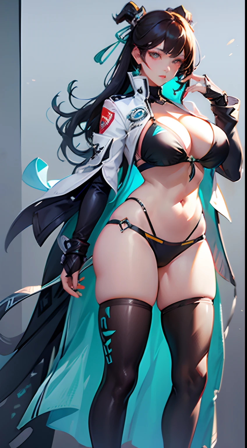 Game character, East Asian original art character design, 1girll, Solo,[:(Gradient background:1.5):40],full body, big breasts, checkered bikini ,realistic bikini, girls frontline, extremely high detail