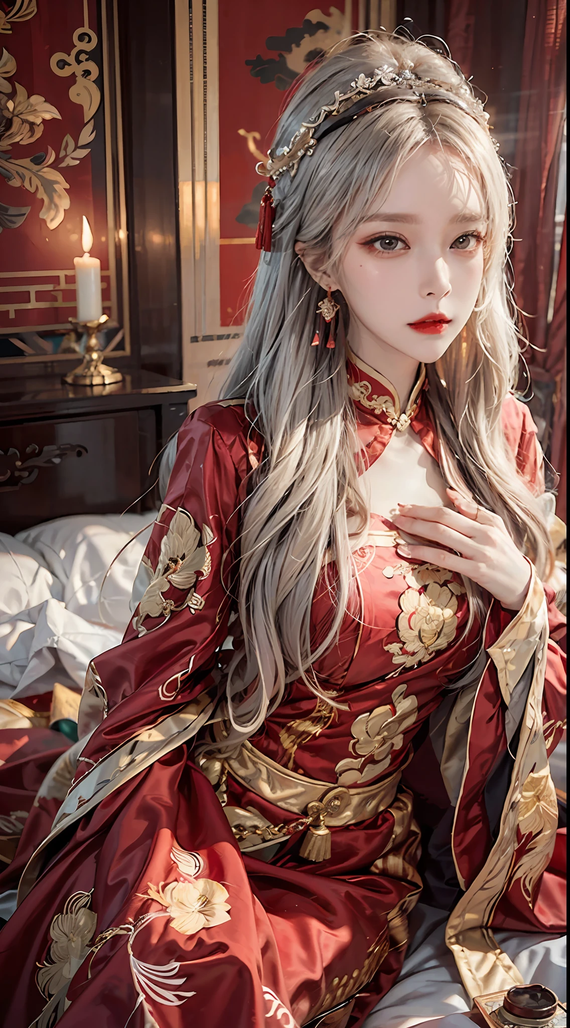 (Ultra-realistic 8k CG: 1.2), perfect artwork, delicate patterns, intricate details, (unparalleled masterpiece, best quality: 1.2), (extremely complex: 1.2), a woman in a red and gold dress, phoenix crown, hair stick, (sitting on a red bed), makeup, blush, shyness, white hair, looking down, cosmetics, (forehead point), (2 red candles), Chinese_clothes, curtains, earrings, hair_ornament,hanfu, interior, jewelry, red nails, long_sleeves, red dress, red lips, tassels, (red quilt), (red palace: 1.2), (ancient Chinese architecture), (red: 1.8), night