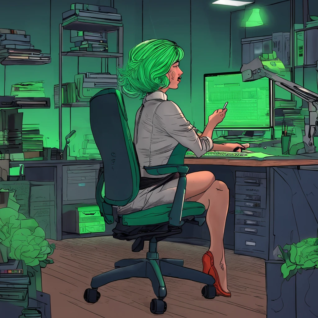 "Masterpiece, intricate detail, 8k, hires, ultra detailed,"1 woman with green bobs hair is seated in an office chair, wearing work attire and half naked, in an office space during the nighttime. The dimly lit room casts a soft glow, accentuating her unique hair color and creating a focused atmosphere. Her presence exudes professionalism and a sense of dedication as she works diligently at her desk."