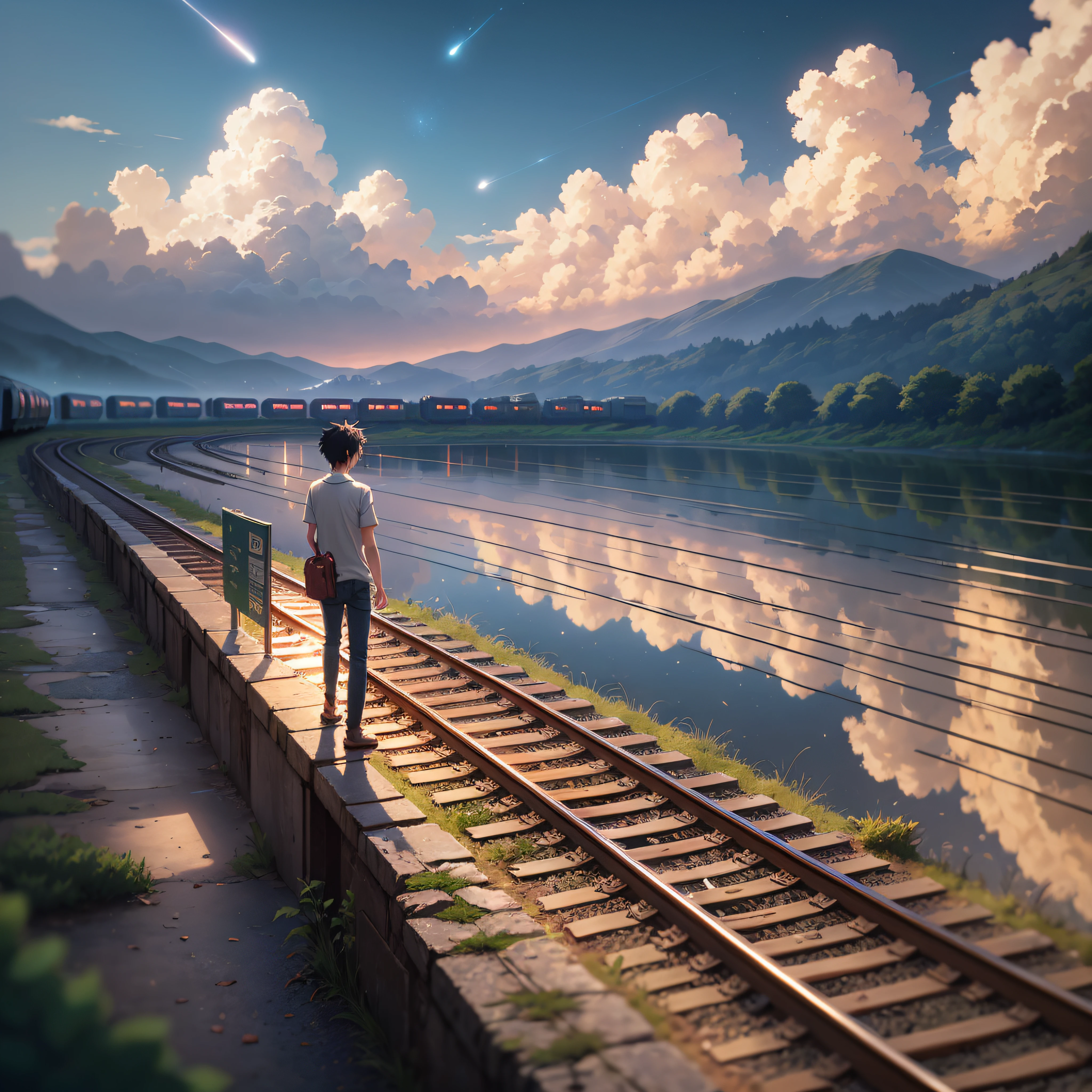 Masterpiece, anime train on tracks through a body of water, pink train. Romantic Train, Makoto Shinkai&#39;s picture, pixiv, concept art, lofi art style, reflection. by makoto shinkai, lofi art, beautiful anime scenes, anime scenery, detailed scenery—width 672, in style of makoto shinkai, style of makoto shinkai, details enhanced, a boy with black hair, white shirt, black jeans, blue sky, comets come.
