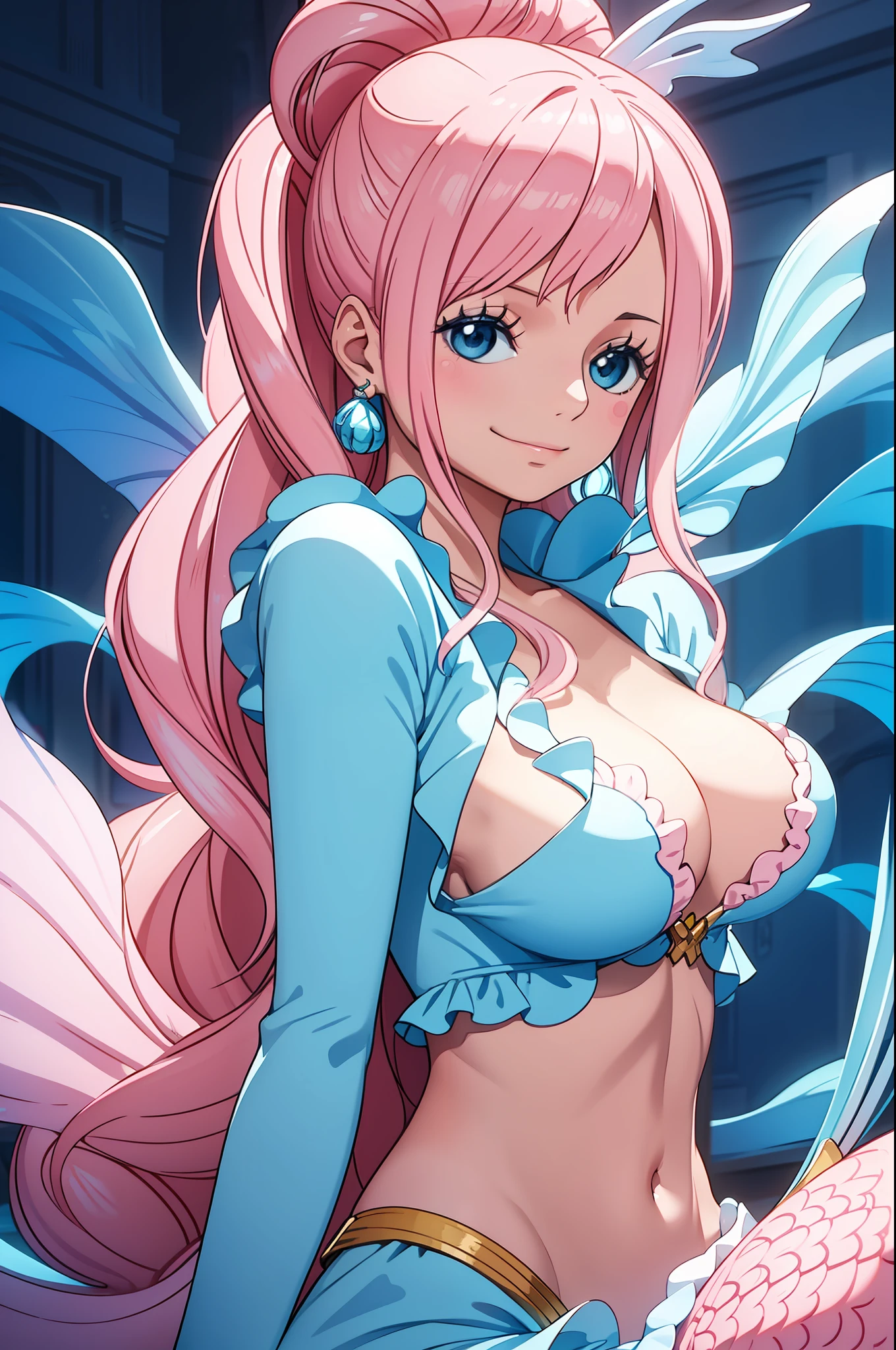 tmasterpiece，best qualtiy，mermaids，A pink-haired，ssmile，Shells on the breast，Blue fish tail，Close-up shot，Large breasts