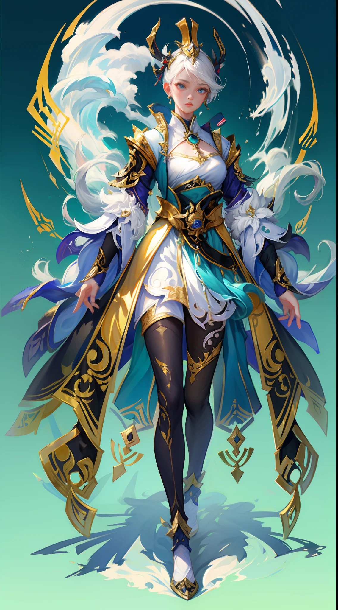 Game character, East Asian original art character design, 1girll, Solo, [:(Gradient background:1.5):40],Black tights from the neck to the feet, the whole body has a gold fine pattern, rich details, metal reflective