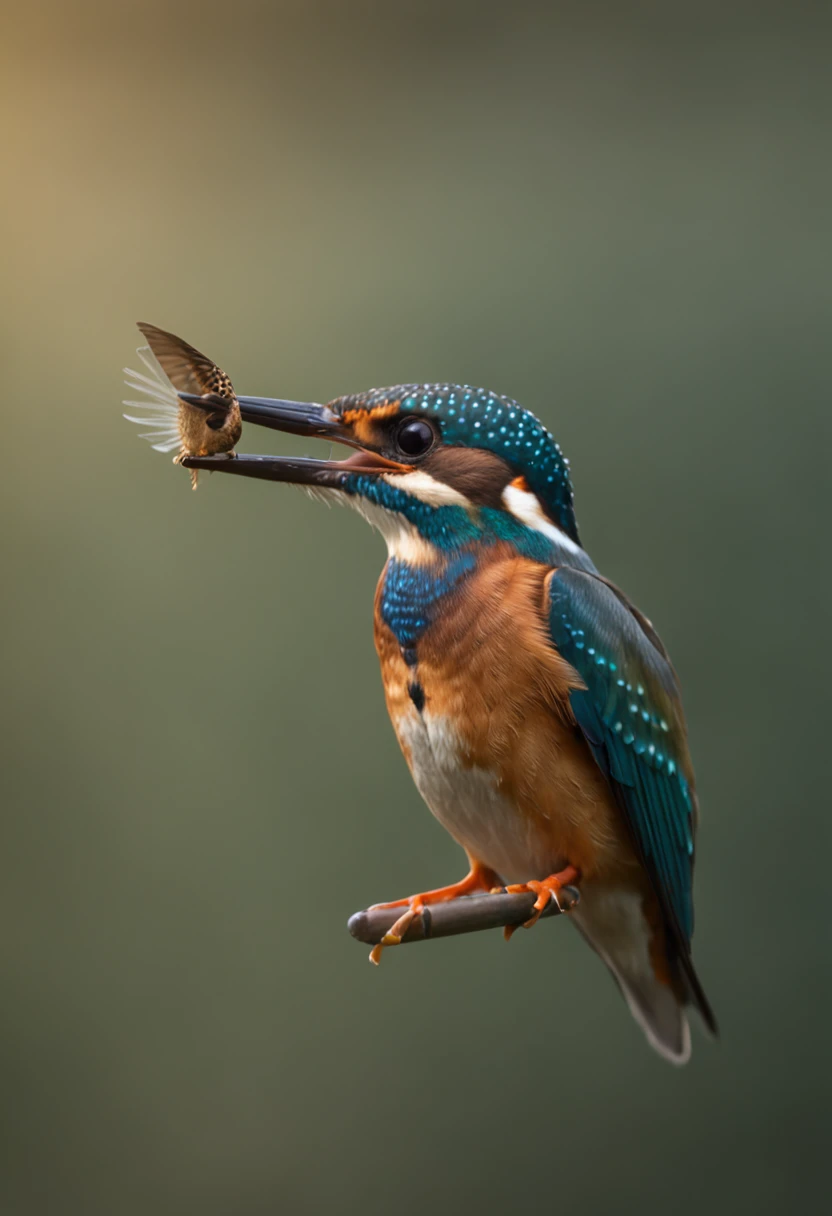 A kingfisher flutters gracefully on a finger, Strong morning light diffuses through the fog,Flapping,hovering、 Highlights its intricate feathers with dramatic sidelights、realisitic、realistic、Floating birds