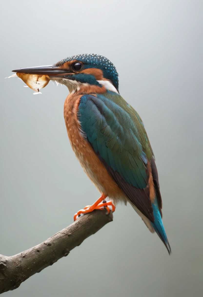 A kingfisher flutters gracefully on a finger, Strong morning light diffuses through the fog，Flapping,hovering、 Highlights its intricate feathers with dramatic sidelights、realisitic、realistic、Floating birds