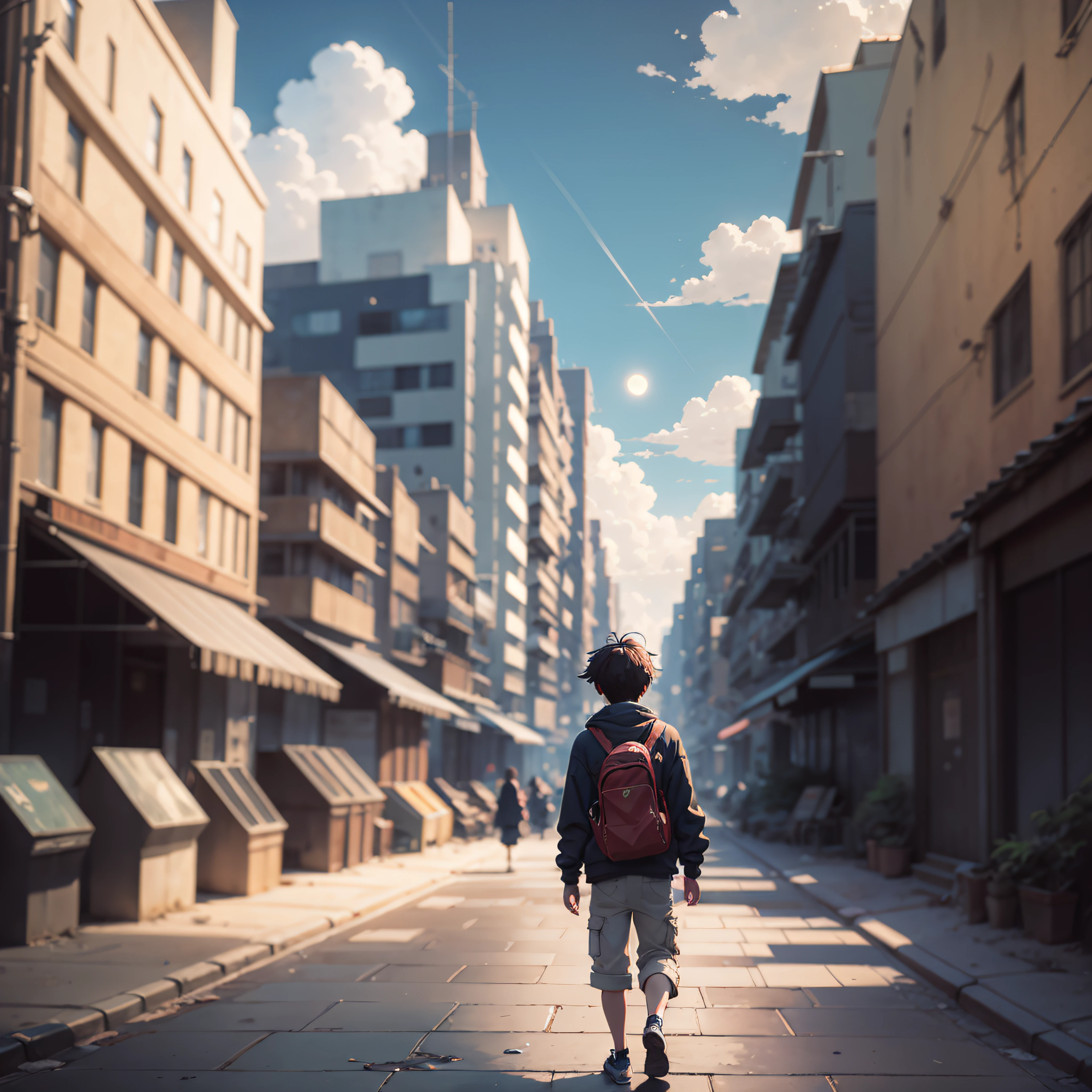 A boy scratched his hair in frustration,Mirror image instead, calm and calm retro style Makoto Shinkai picture,pixiv,concept-art,Lofi art style,glint。 by makoto shinkai, lofi art, beautiful anime scenes, Anime landscapes, Detailed scenery —width 672, in style of makoto shinkai, style of makoto shinkai, blue sky, comet, starring