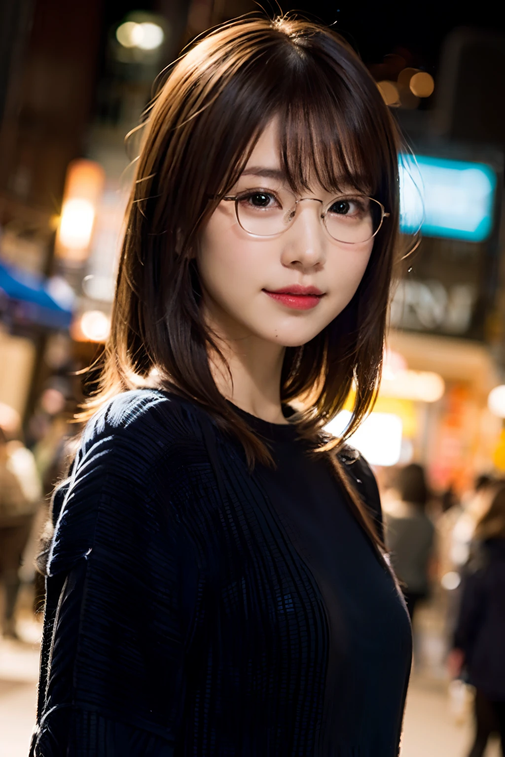 (8K、Raw photography、top-quality、masterpiece:1.2)、(realisitic、Photorealsitic:1.37)、ultra-detailliert、超A high resolution、1人、see the beholder、beautifull detailed face、A smile、Constriction、(Slim waist) :1.3)、Beautiful detailed skin、Skin Texture、Floating hair、Professional Lighting、Beautiful place with a night view、Black-rimmed square glasses、Whole human body、Brown hair