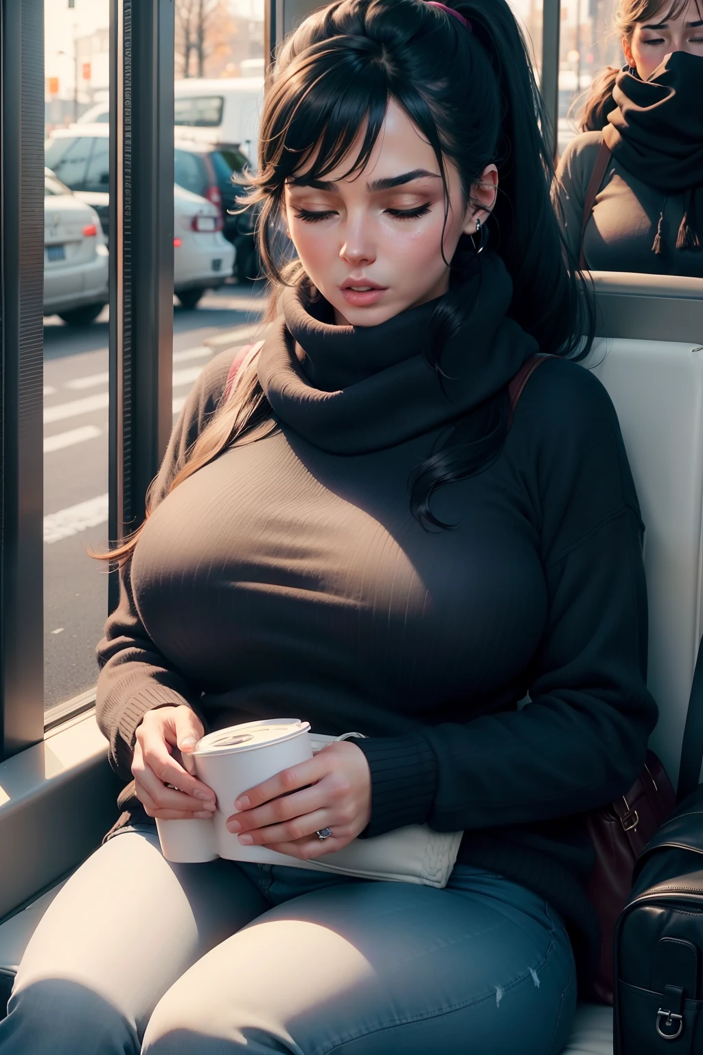 1 beautiful, adult woman, large body, ponytail, outlined eyelids, made-up eyelids, made-up face, dark blue sweater, neckline, scarf, black jeans, black bag, sleeping sitting on the bus, mouth open, eyes closed.