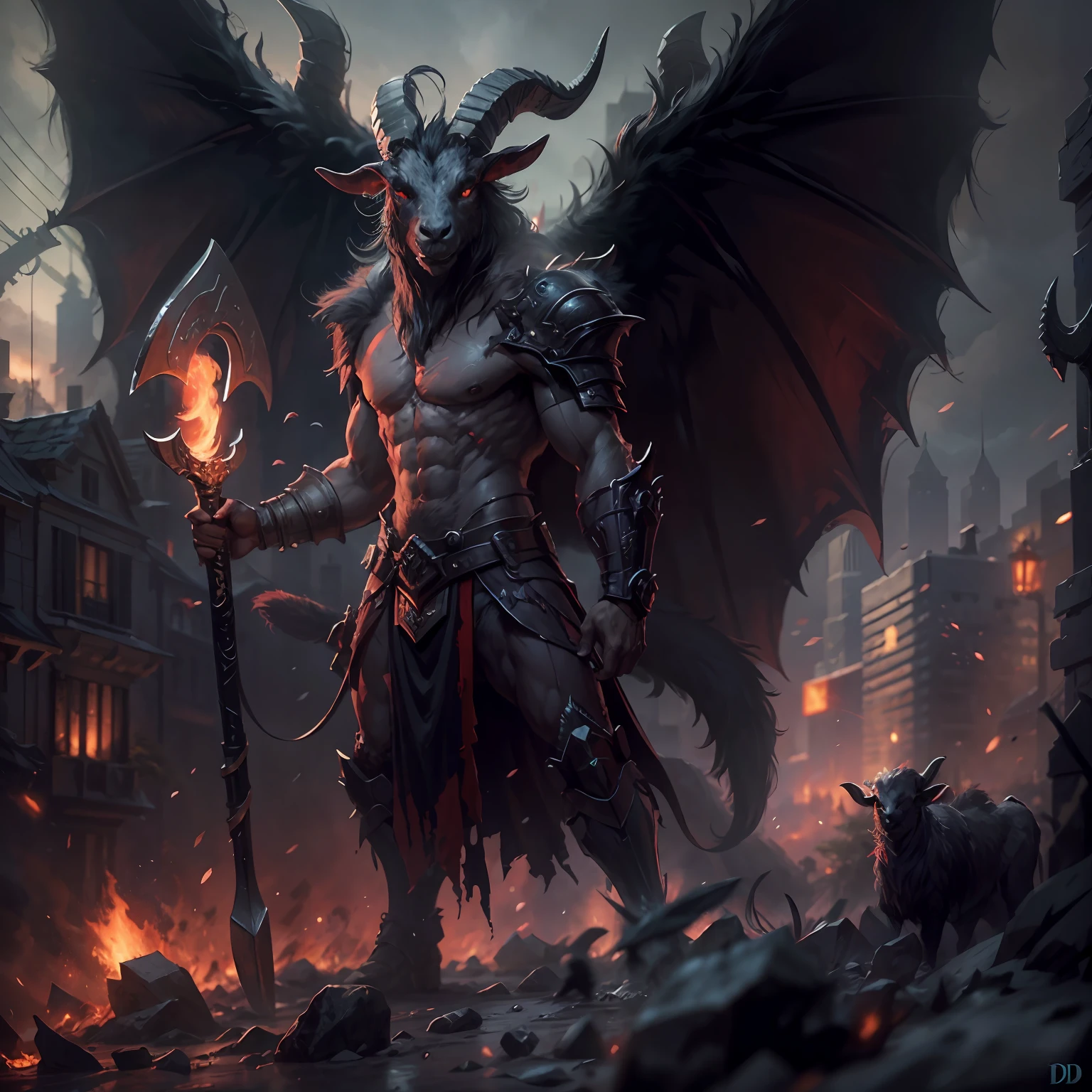 Goat-faced demon ，Wear military uniforms，Pick up the axe，red - eyed，unholy，Fierce，rampage ，Stand at the highest part of the city，Observe the city，Behind is the Demon Legion，Epic war fantasy digital art，tmasterpiece，high qulity，8K，UHD resolution，Detailed detail drawing，realisticlying，Very realistic，Cinematic light,an award winning photograph, nikon d850 film stock photograph 4 kodak portra 400 camera f1.6 lens rich colors hyper realistic lifelike texture dramatic lighting unrealengine trending on artstation cinestill 800,