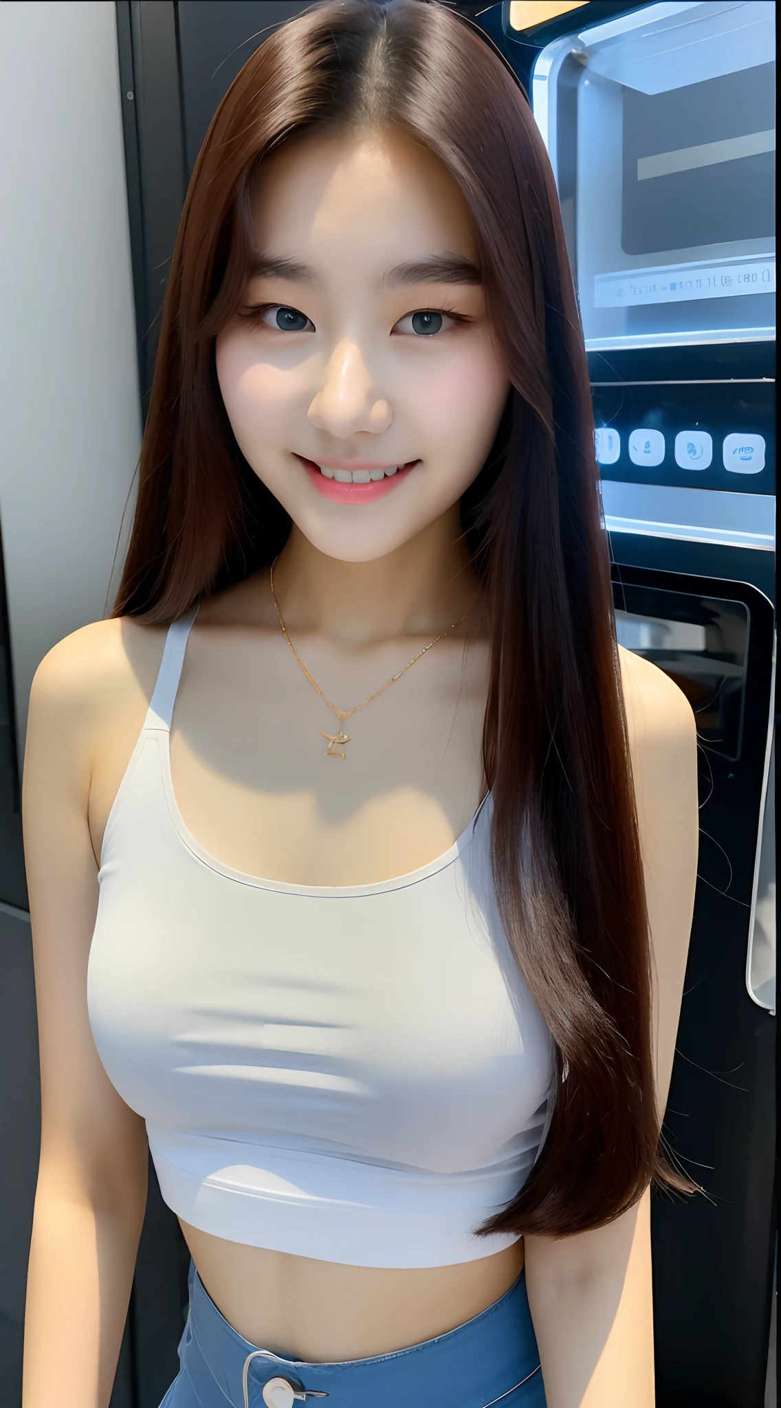 araffe asian woman with long hair wearing a white top and blue skirt, wearing glasses, gorgeous young korean woman, beautiful young korean woman, photo of slim girl model, korean girl, beautiful south korean woman, wearing white camisole, smooth white tight clothes suit, photo of slim girl, gorgeous chinese model, slight cute smile, 2 4 year old female model, beautiful girl model