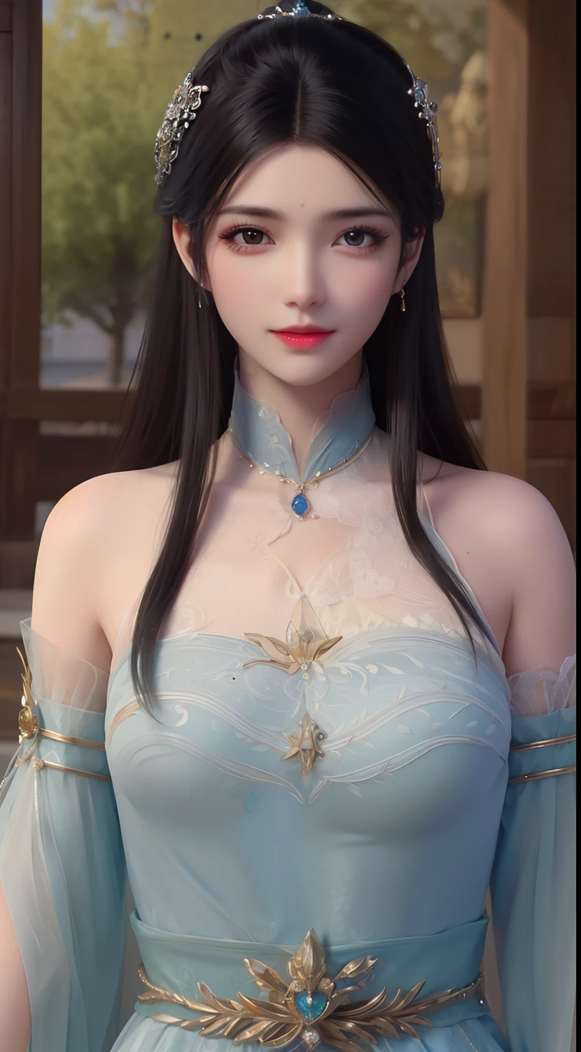 a close up of a woman with a blue dress and a necklace, inspired by Li Mei-shu, full body xianxia, xianxia, ((a beautiful fantasy empress)), a beautiful fantasy empress, xianxia fantasy, inspired by Qiu Ying, inspired by Lan Ying, yun ling, beautiful character painting, inspired by Zhang Yan, inspired by Li Tang