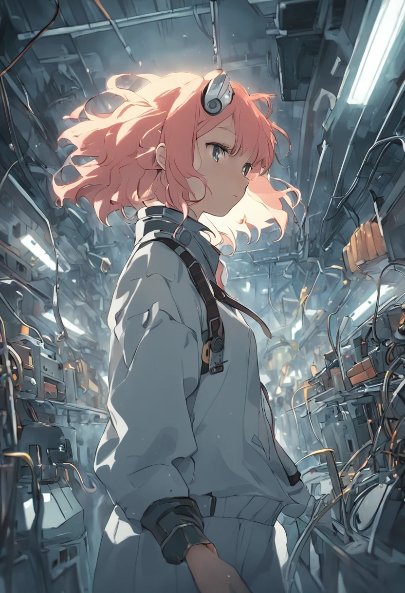 With dust cap,Woman in electrostatic suit, Working on an assembly line in an electronics factory