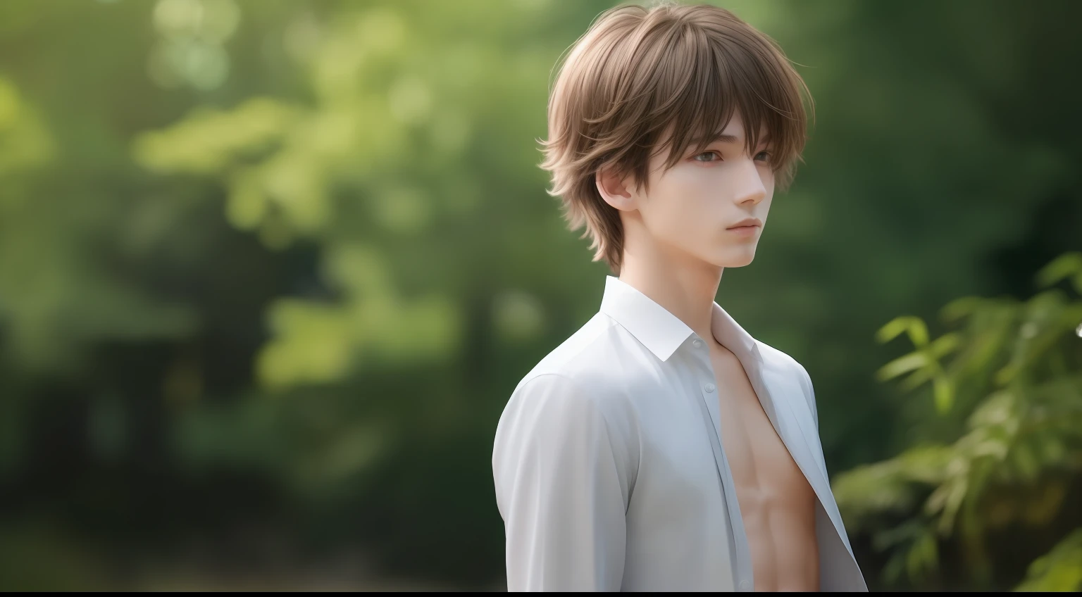 1boy, Male Focus, Topless Male, ((neat clothes)),Messy Hair, Viewer View, Outdoors, Beautiful Lighting, Deep Shadows, Best Quality, Masterpiece, Super Res, Photorealistic, Blurred Background,