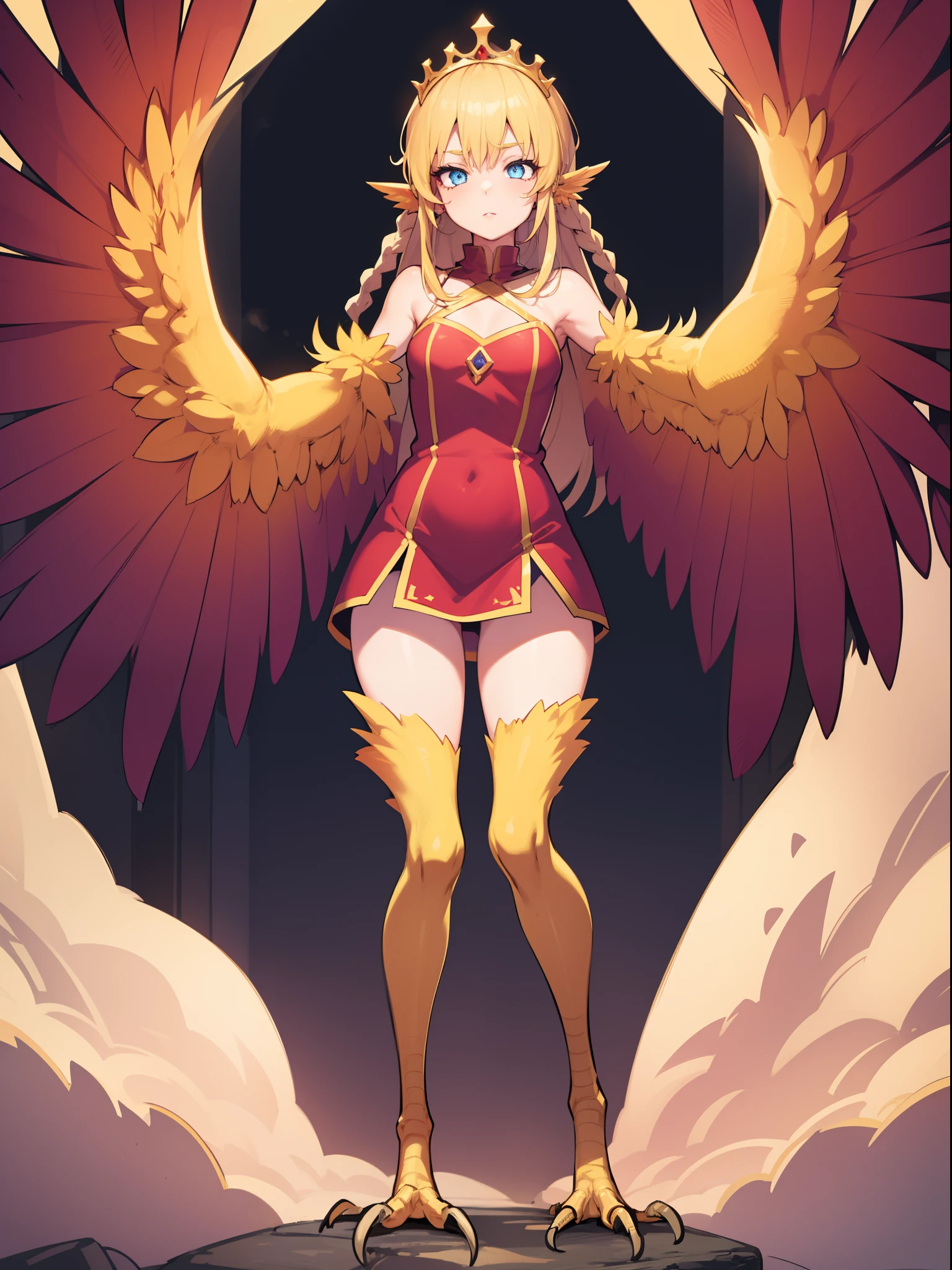 1girl,solo,harpy, standing,blond hair,braid, blue eyes, long hair,red feathers,wing arms,bird legs, short dress, jewelry,tiara,castle