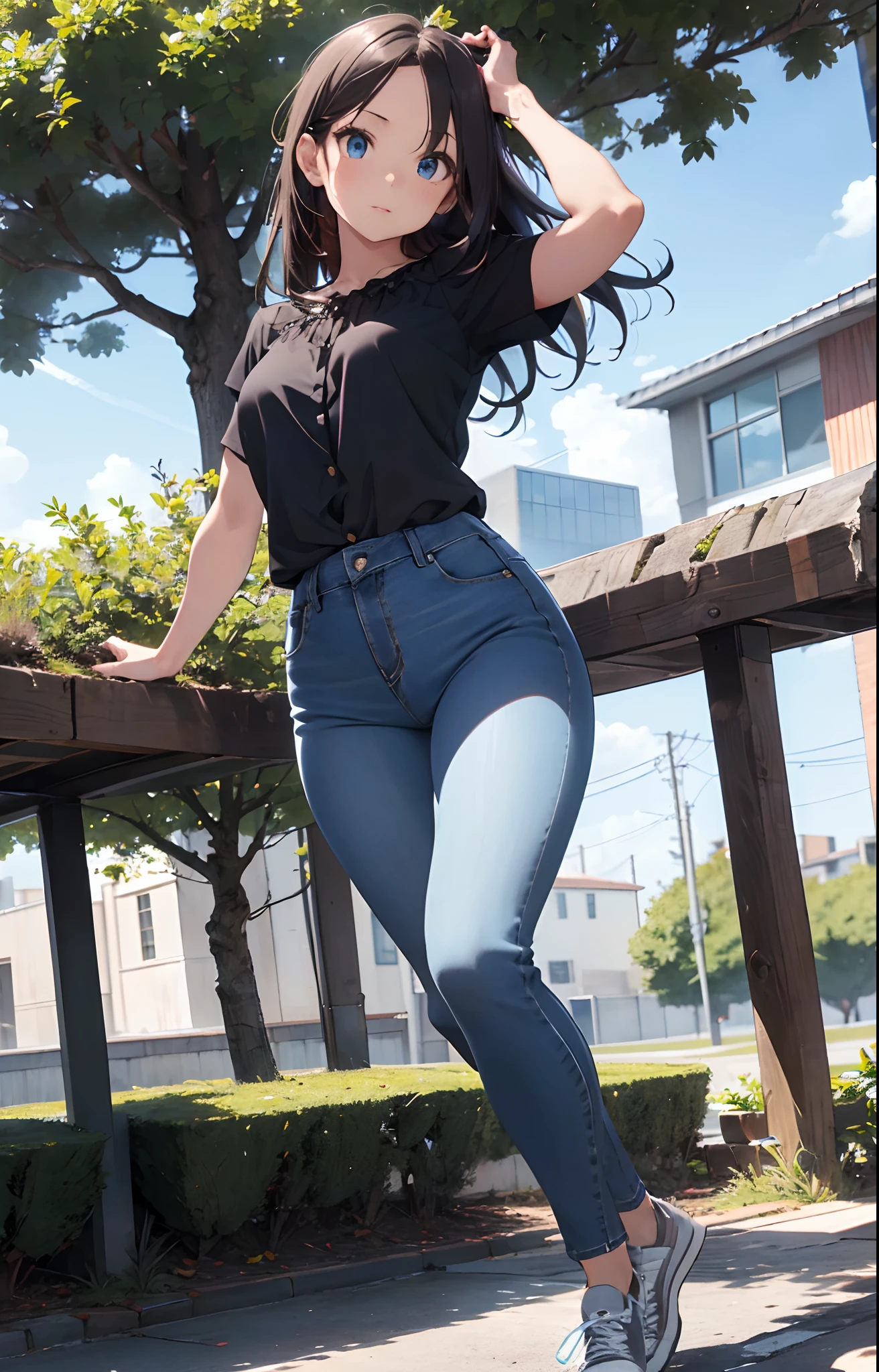 masterpiece, extremery magnificent view, perspective, extremery best quality, extremery detailed CG, 8k wallpaper, high resolution, highly detailed face, highly detailed eyes, perfect anatomy, super detailed skin,
(dynamic angle, dynamic pose:1.2), outdoors, park, tree and pond, (portrait, legs focus, full body), (beautiful face, beautiful eyes, beautiful legs:1.3),
1 girl, solo, (black blouse, blue jeans pants:1.3), (skinny jeans:1.3), short sleeves, medium breasts, brown hair, long hair, floating hair, straight hair, open forehead, (gray sneakers), blue eyes, skinny, slender, wide hips, thin waist