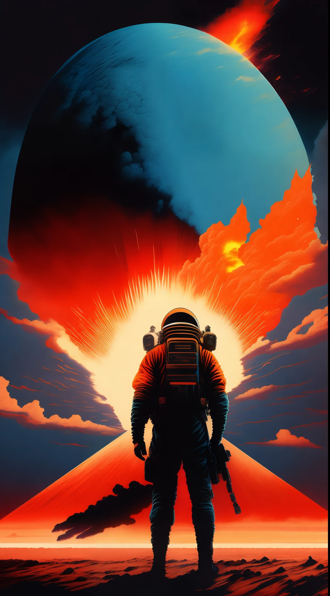 epic fantasy concept,a poster for the movie,On the ground was a man in a space suit, the explosion from akira,Akira Estilo de Arte,American vector illustration,A huge UFO in the sky, Akira Arte Japonesa, nuclear explosions paint sky, nuclear explosion!!!, Illustration of cosmic horror,Preto e vermelho bicolor,O alto contraste,Grandes e pequenos