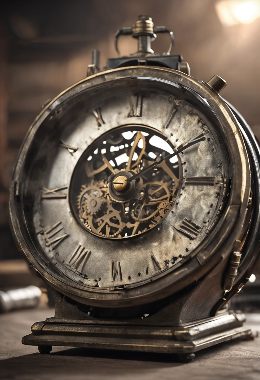 Visualize an aged metal table clock, with exposed gears and a slightly blurred glass dial. Descreva os ponteiros delicados girando em sincronia, while the alarm goes off with a grave and melancholy sound.”