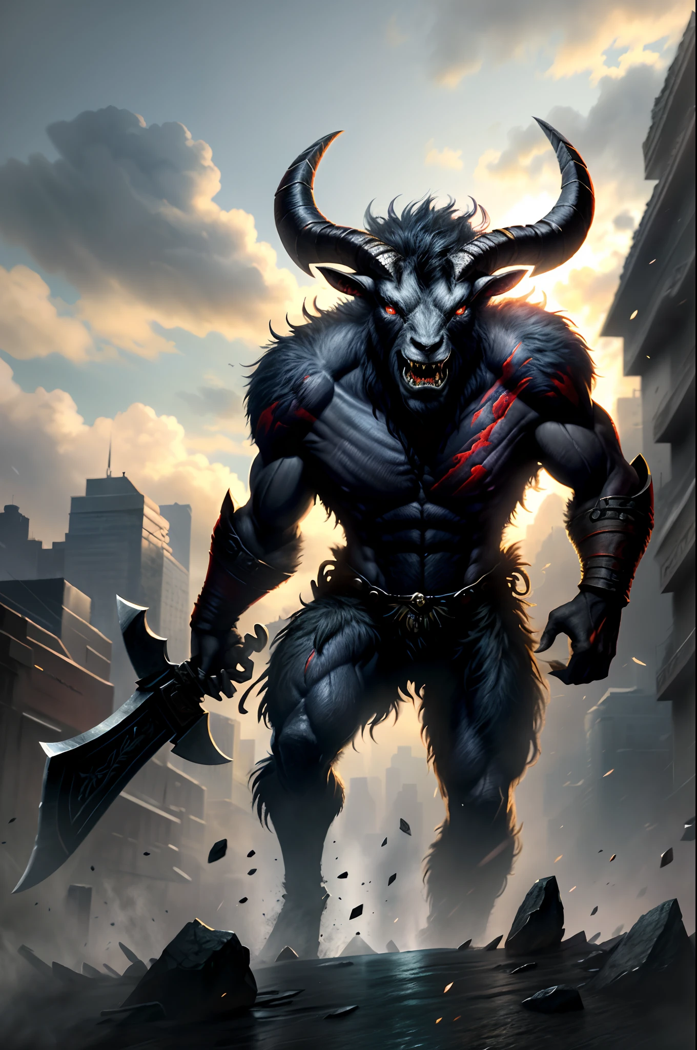 Goat-faced demon ，Wear military uniforms，Pick up the axe，red - eyed，unholy，Fierce，rampage ，Stand at the highest part of the city，Observe the city，Behind is the Demon Legion，Many little devils，Epic war fantasy digital art，tmasterpiece，high qulity，8K，UHD resolution，Detailed detail drawing，realisticlying，Very realistic，Cinematic light,an award winning photograph, rich colours，hyper realistic lifelike texture，dramatic  lighting，unreal-engine，