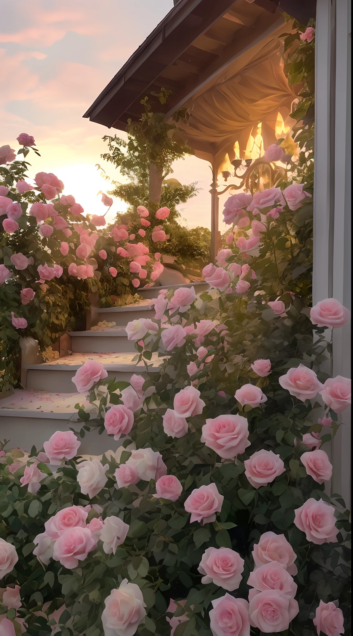 A bush of pink roses outside the house, beautiful and aesthetic, soft pink, beautiful aesthetic, roses in movie lights, lush flowers outdoors, nature and floral aesthetics, rose garden, roses, portal made of roses, beautiful images, roses, fantastic aesthetics, in a cottage core garden, pink golden hour, (masterpiece:1.6, best quality), (fine detailed beautiful eyes: 1.2), (extremely detailed CG unity 8k wallpaper, masterpiece , super detailed, best shadows), (detailed background), high contrast, (best lighting, extremely delicate and beautiful), ((color paint splatter on transparent background, Dulux,)), ((caustics) ), dynamic angles, beautiful detail glow,
