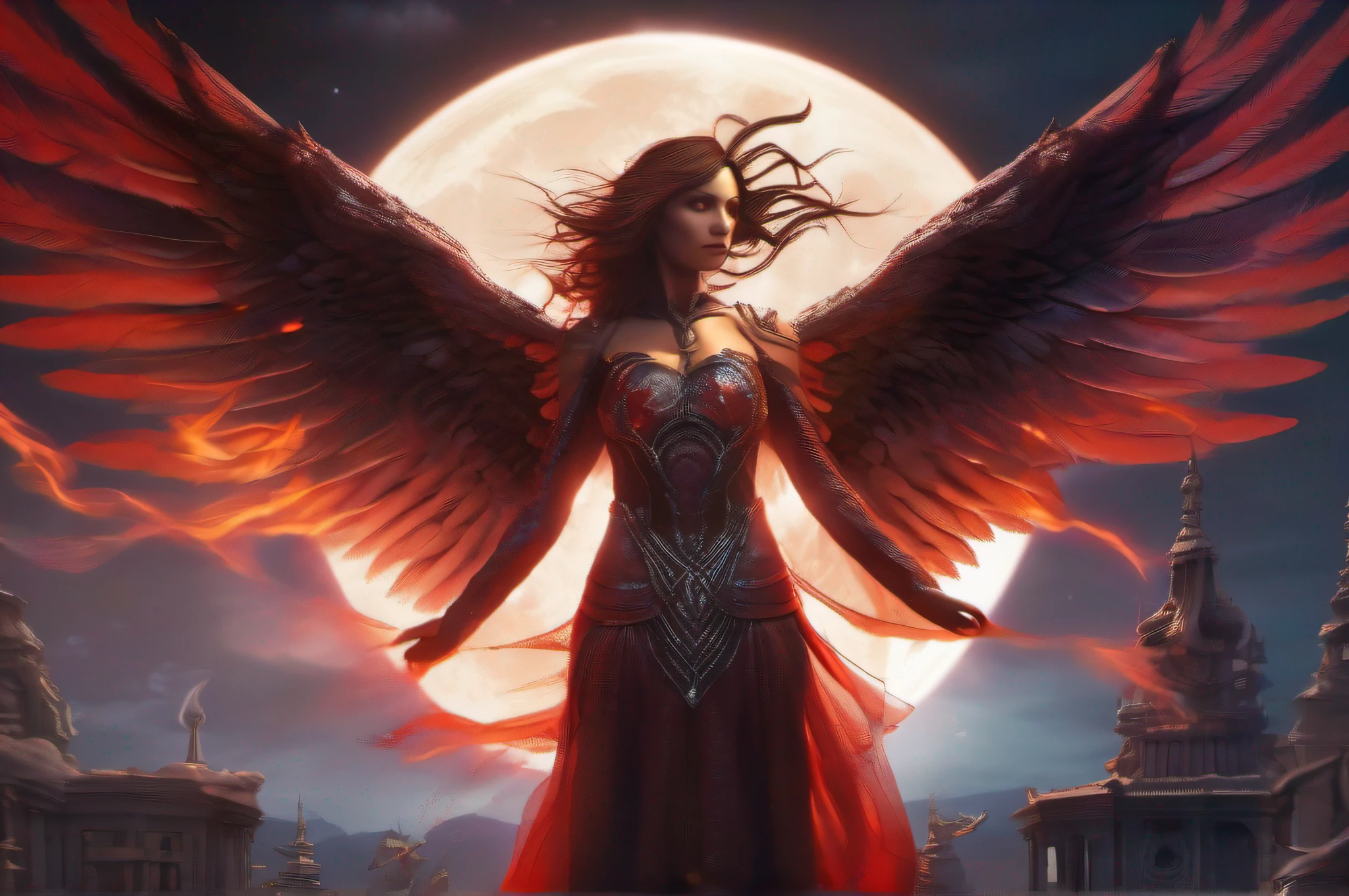 A cinematic hyperrealistic full body portrait of an evil fallen female Archangel of vengeance with massive fiery black and red wings, levitating under a starry night sky with a full moon. The frontal angle shows her intense gaze directly at the camera as she spreads her immense intricately detailed wings. The contrapicado composition dramatizes the wings' span and her threatening expression with depth of field and shallow focus. Intricate photorealistic details using naturalistic lighting depict feather textures with glints of flame reflected from the burning city behind. The light plays dramatically across her armor and face with high-contrast ambient occlusion. Soft focus enhances the wings while the apocalyptic cityscape is visible sharply in the background. The sky glows red with dense smoke, volumetric lighting, and embers float through the air around her. Her eyes glare with specular highlights.