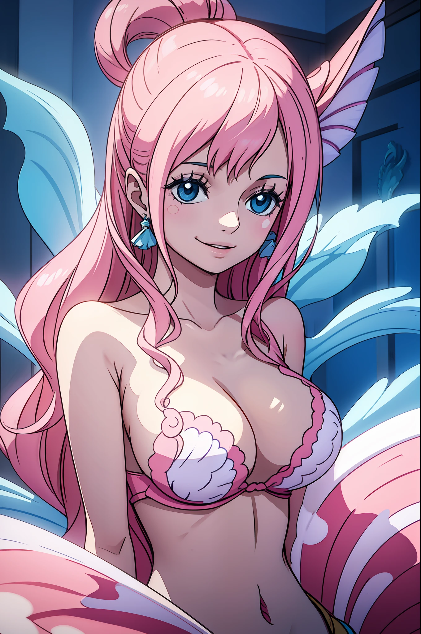 tmasterpiece，best qualtiy，mermaids，A pink-haired，ssmile，Shells on the breast，Blue fish tail，Close-up shot，Large breasts