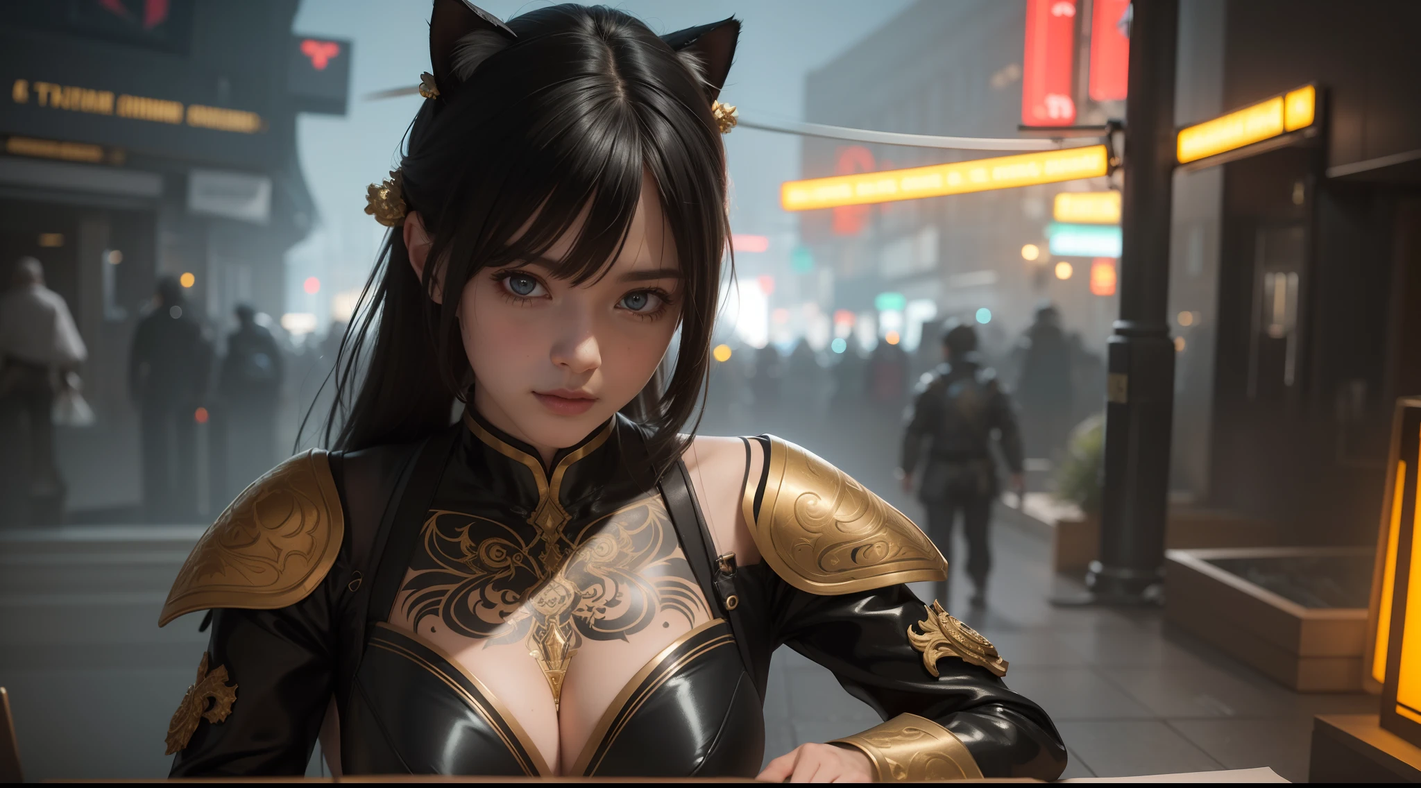 Beautiful Caucasian Woman, shoulder length messy hair, Black and gold PVC cat outfit, cheerfulness, full bodyesbian, Beautiful anime waifu style girl, Hyperdetailed painting, Luminism, art by Carne Griffiths and Wadim Kashin concept art, 4K 分辨率, fractal isometrics details bioluminescens , a 3D render, rendering by octane, intricately details , Cinematic, trending on artstation Isometric Centered hyperrealistic cover photo awesome full color, handpainted , grittiness, Realistic Mucha , Intricate, hit definition , Cinematic,Rough sketch, Bold lines, On paper,