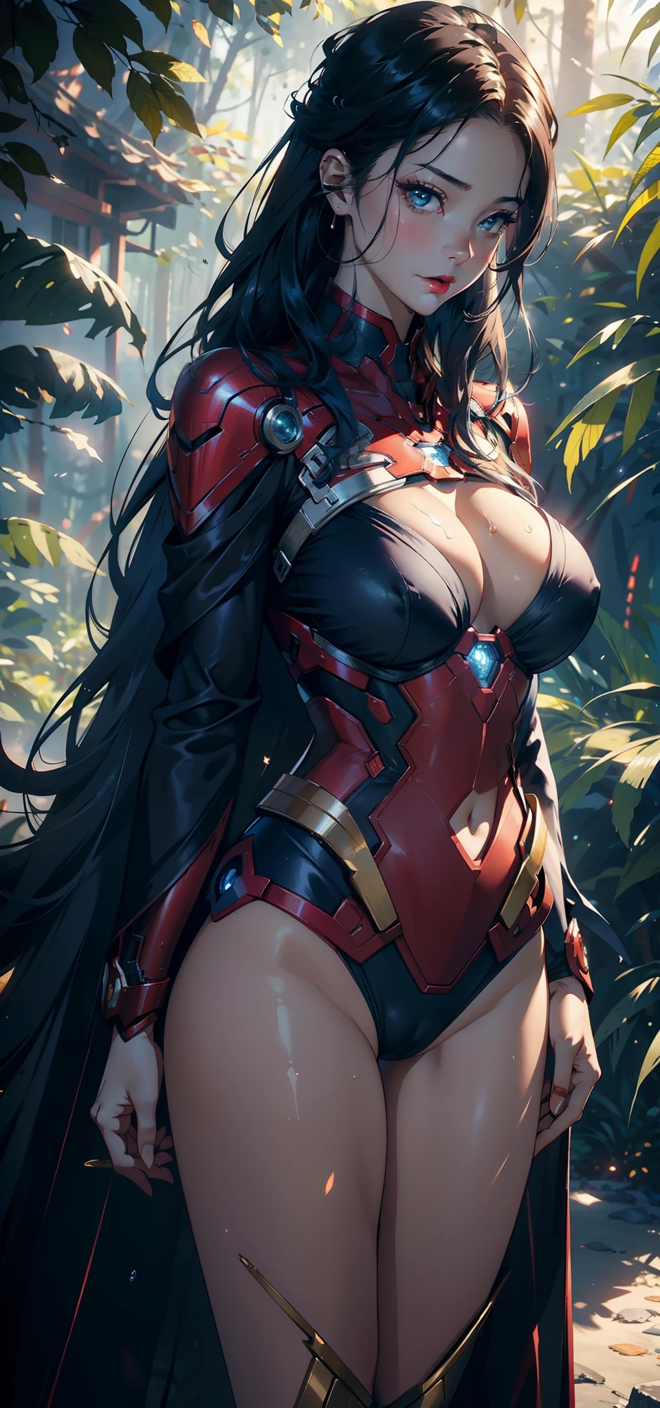1female,35yo,熟妇,Slim,Tall,gigantic cleavage breasts,Big breasts Thin waist,slenderlegs,Pornographic exposure, 独奏,(Background with:ln the forest,the rainforest,in summer) She has long blue hair,standing on your feet,Sweat profusely,drenched all over the body,seen from the front, hair straight, mostly cloudy sky,(((tmasterpiece),(Very detailed CG unity 8K wallpaper),best qualtiy,cinmatic lighting,detailed back ground,beatiful detailed eyes,Bright pupils,blue color eyes,Redlip(Very fine and beautiful),(Beautiful and detailed eye description),ultra - detailed,tmasterpiece,)),facing at camera,A high resolution,ultra - detailed),revealing breasts,Bare genitalia, Lower body elevation,Raised sexy,Camel toes,Flushed complexion,Open-mouthed,frontage,Gold Saint Seiya,Spidey(Wearing:Iron Man uniform,Sex shorts,Cloak),