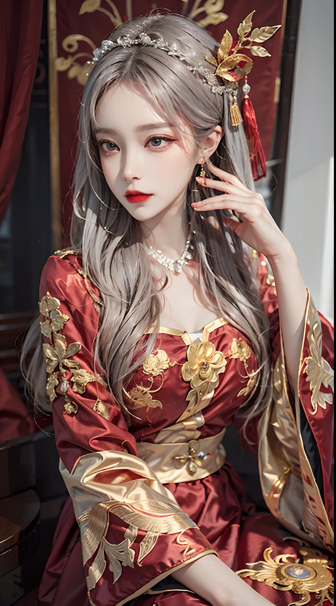 (Ultra-realistic 8k CG: 1.2), perfect artwork, delicate patterns, intricate details, (unparalleled masterpiece, best quality: 1.2), (extremely complex: 1.2), a woman in a red and gold dress, phoenix crown, hair stick, (sitting on a red bed), makeup, blush, shyness, white hair, looking down, cosmetics, (forehead point), (2 red candles), Chinese_clothes, curtains, earrings, hair_ornament,hanfu, interior, jewelry, red nails, long_sleeves, red dress, red lips, tassels, (red quilt), (red palace: 1.2), (ancient Chinese architecture), (red: 1.8), night