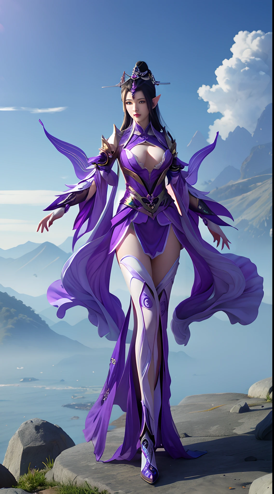 Game character, East Asian original art character design, 1girll, Solo,[:(Gradient background:1.5):40],full body, big breasts, purple outfit posing,  anime goddess, biomechanical oppai, beautiful elf with violet skin, detailed body,