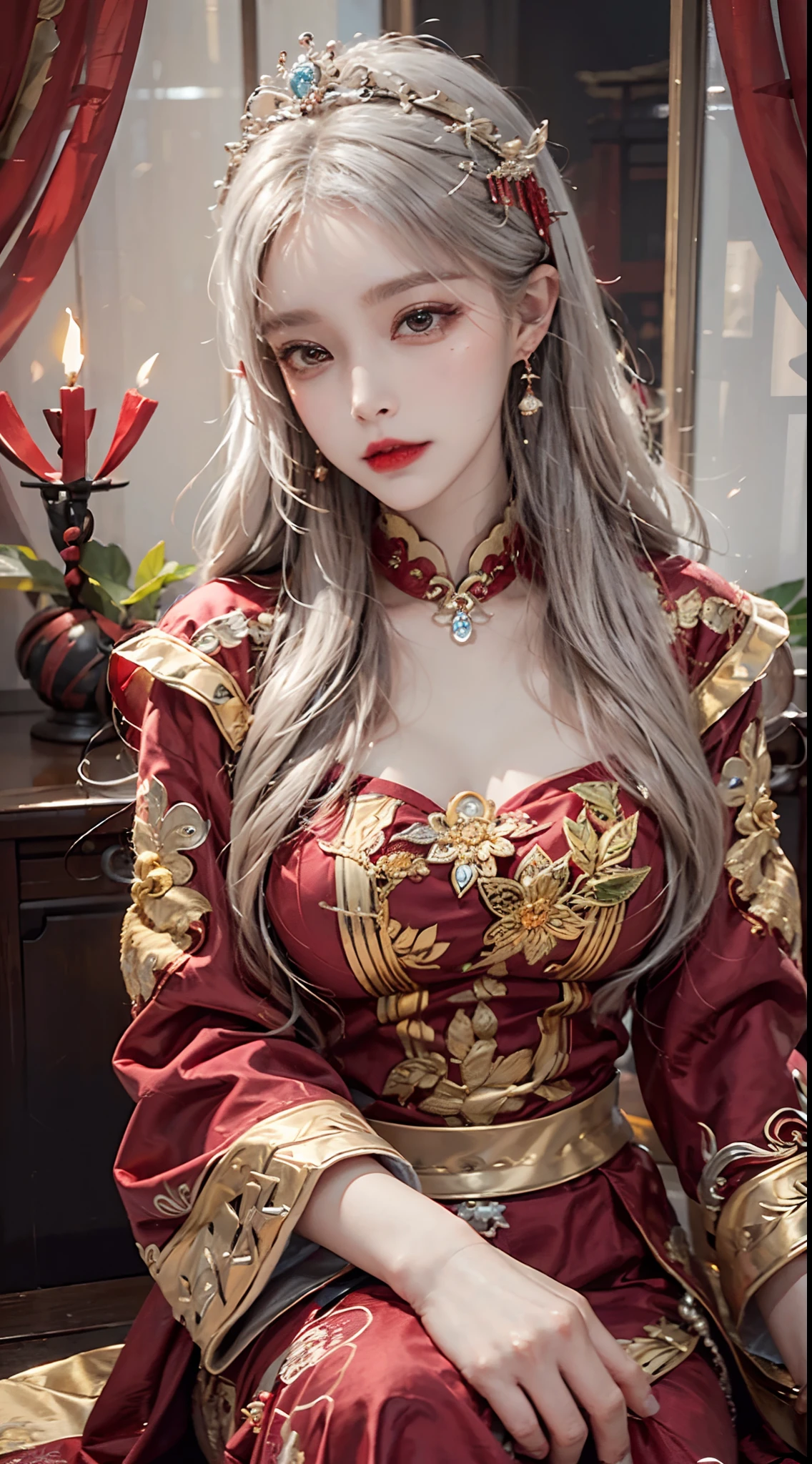 (Ultra-realistic 8k CG: 1.2), perfect artwork, delicate patterns, intricate details, (unparalleled masterpiece, best quality: 1.2), (extremely complex: 1.2), a woman in a red and gold dress, phoenix crown, hair stick, (sitting on a red bed), makeup, blush, shyness, white hair, looking down, cosmetics, (forehead point), (2 red candles), Chinese_clothes, curtains, earrings, hair_ornament,hanfu, interior, jewelry, red nails, long_sleeves, red dress, red lips, tassels, (red quilt), (red palace: 1.2), (ancient Chinese architecture), (red: 1.8), night