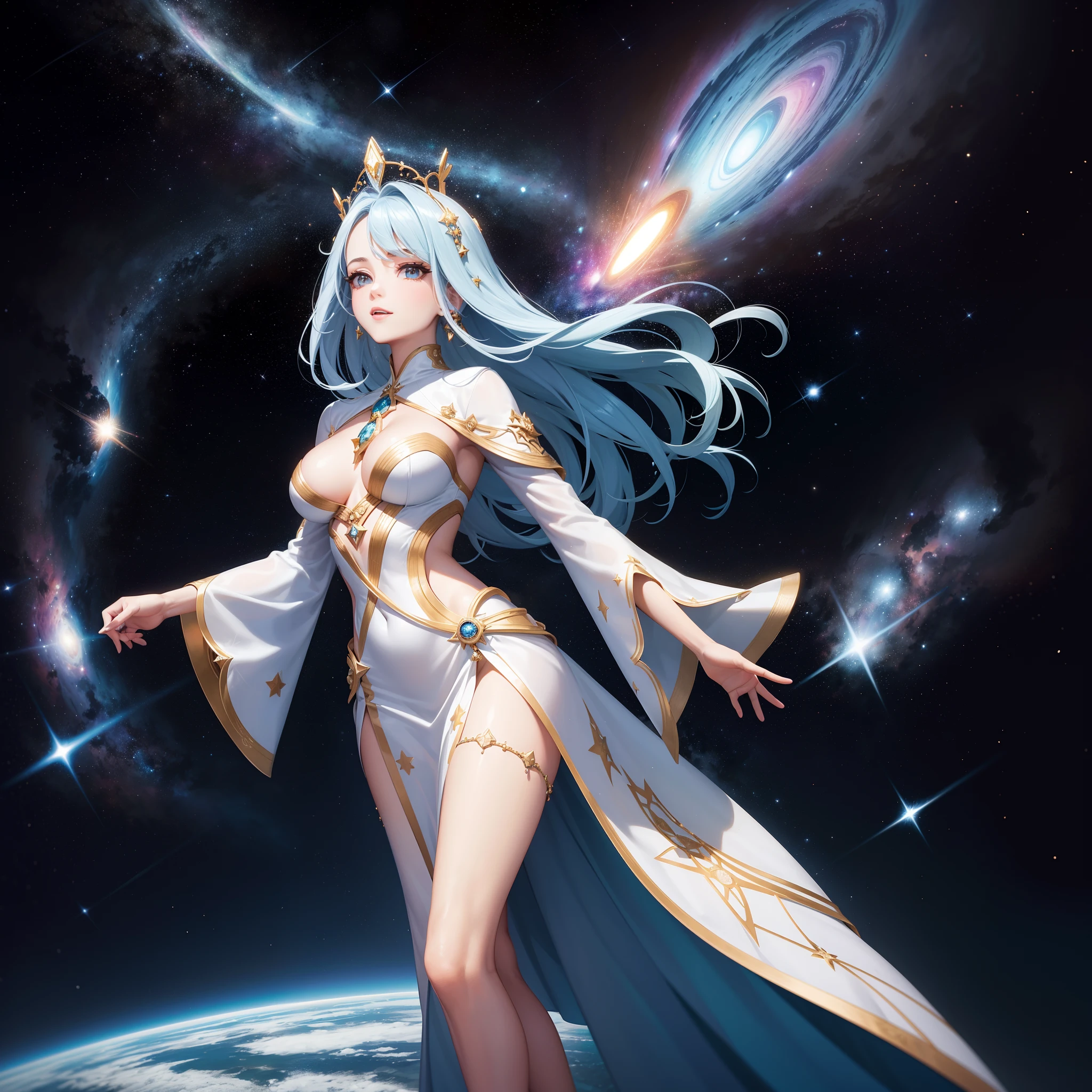 En medio del espacio, Una diosa navega por el universo en todo su esplendor. With its energy it illuminates its path, Its beauty makes everything around it even brighter. Estrellas, Galaxies and all the beauty of the universe are all around you. She wears beautiful fabrics with amazing embroidery, Her endless hair seems to fly behind her.
