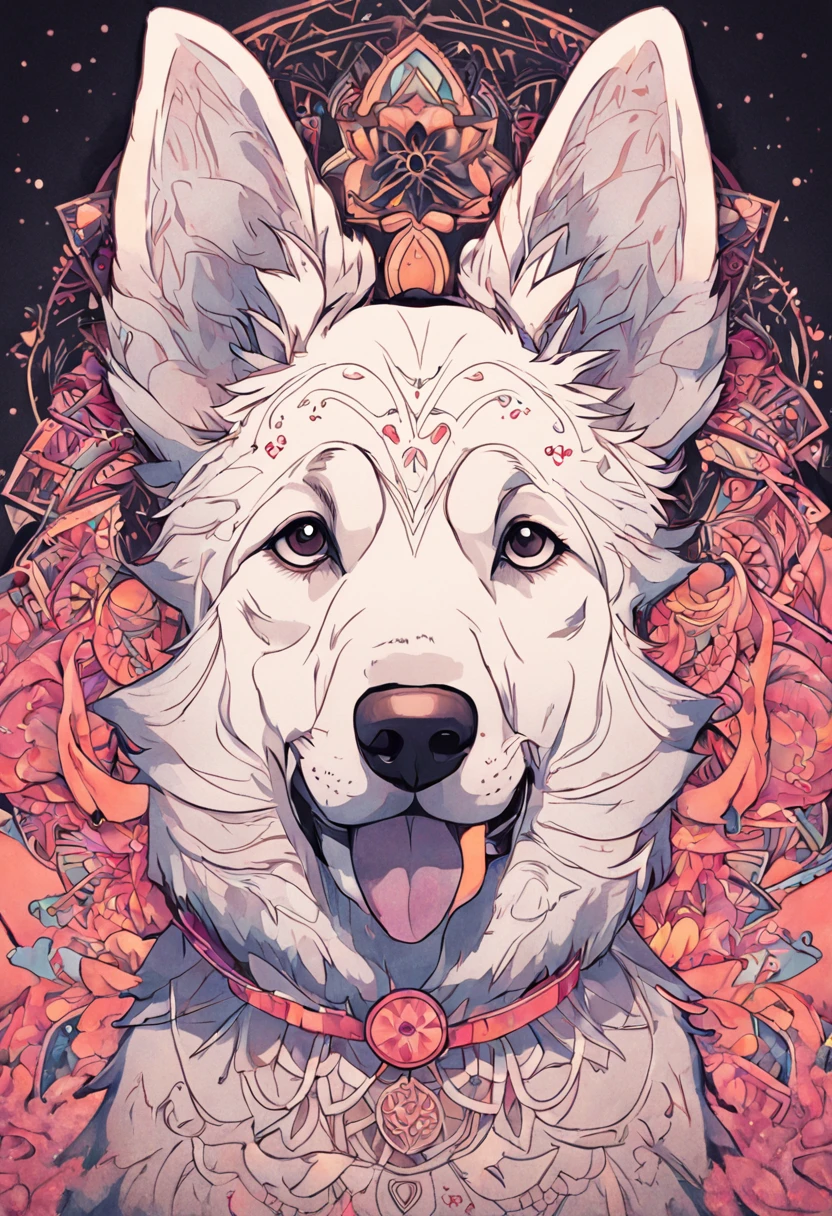 Desenho para colorir para adultos, linhas em negrito, linhas escuras, cachorro estilo mandala, German Shepherd Dog Face Mandala, estilo Mandala , symmetric, fundo branco, Arte de linha limpa, arte de linha fina, preto e branco
