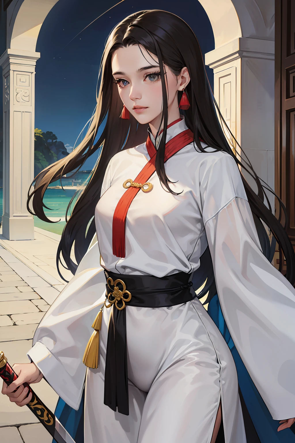 NSFW, obra-prima, melhor qualidade, ultra-detalhado, semi-realista, detailedfacialfeatures, 1 mulher madura, nome Zhou Miaotong,vestindo roupas antigas wuxia hanfu, cabelos negros,longos,olhos negros, female,cor da roupa escura e com linhas douradas,voluptuosa,seios grandes,mulher sedutora, muito bonita,arrogantly holding a sharp-bladed sword, In front of the Celestial Palace.