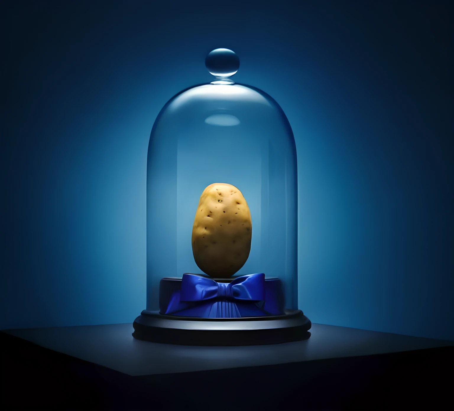 There is a potato in a glass dome with a bow tie, Hugh Kretschmer, inspired by René Magritte, fotografia de objetos surreais, inspirado em Rene Magritte, Davi, a Capela, Peter Dutton como uma batata, No Rene Magritte style, batata, Clemens Ascher, inspirado em Jeff Koons, Directed by: Andrei Kolkoutine