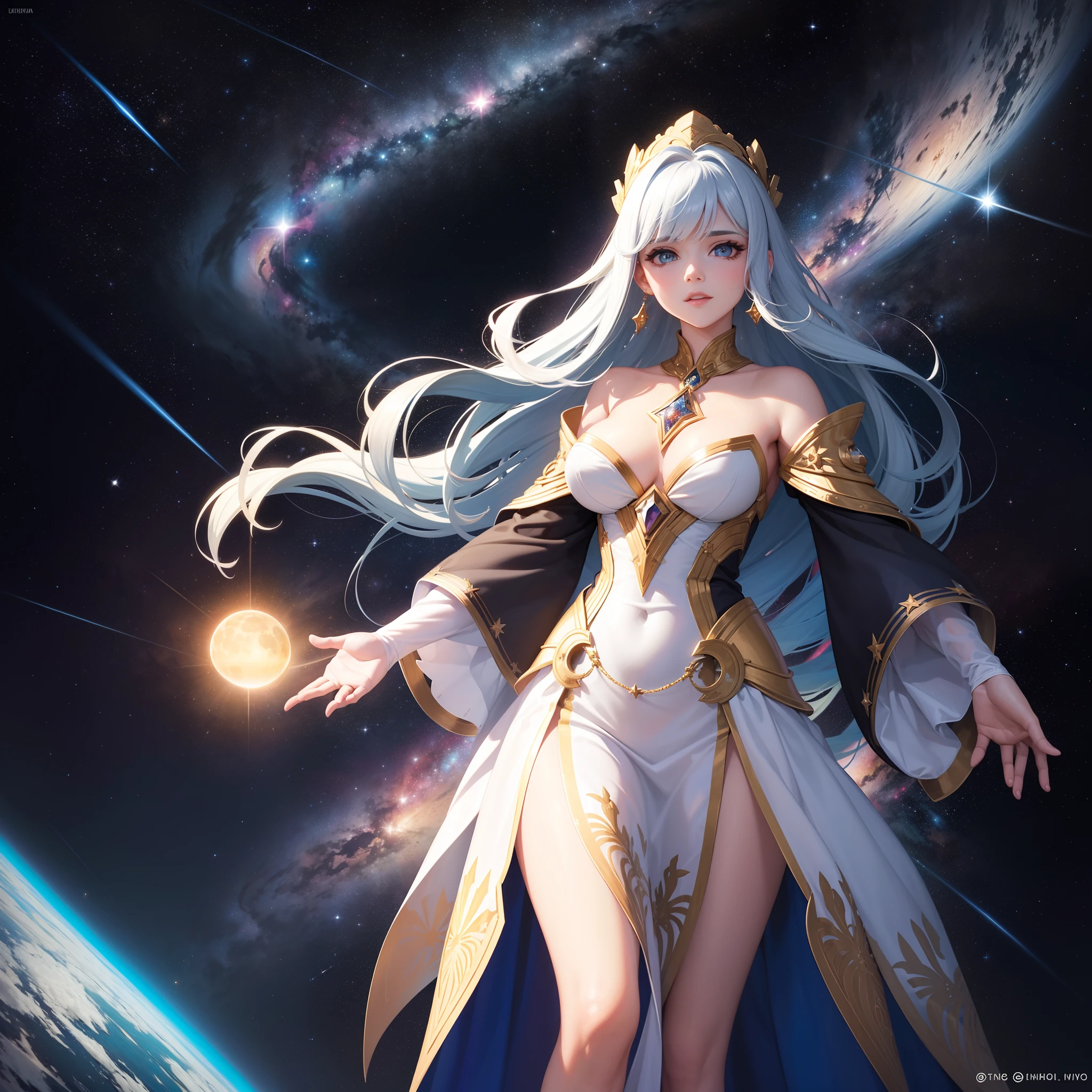 En medio del espacio, Una diosa navega por el universo en todo su esplendor. With its energy it illuminates its path, Its beauty makes everything around it even brighter. Estrellas, Galaxies and all the beauty of the universe are all around you. She wears beautiful fabrics with amazing embroidery, Her endless hair seems to fly behind her.