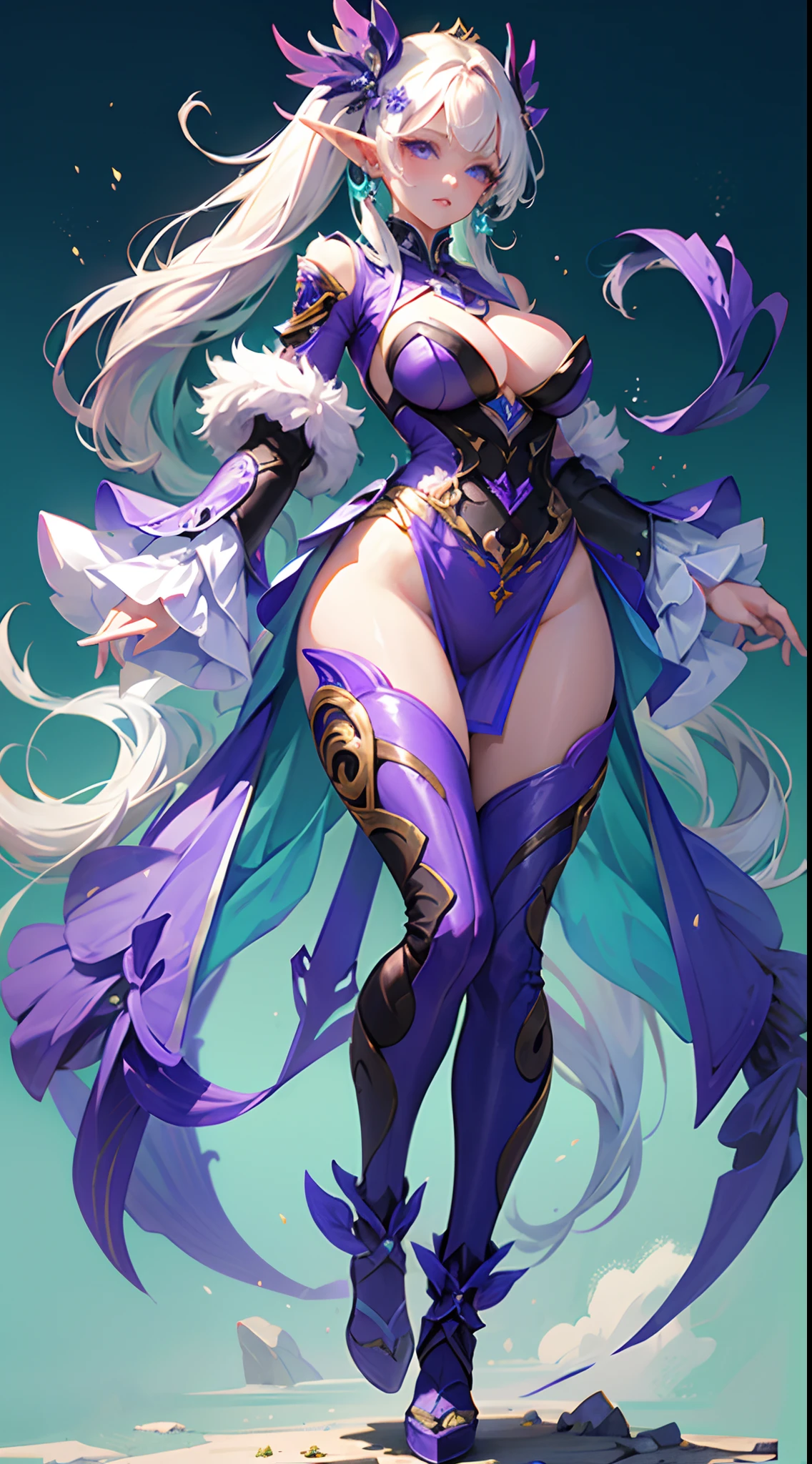 Game character, East Asian original art character design, 1girll, Solo,[:(Gradient background:1.5):40],full body, big breasts, purple outfit posing,  anime goddess, biomechanical oppai, beautiful elf with violet skin, detailed body,