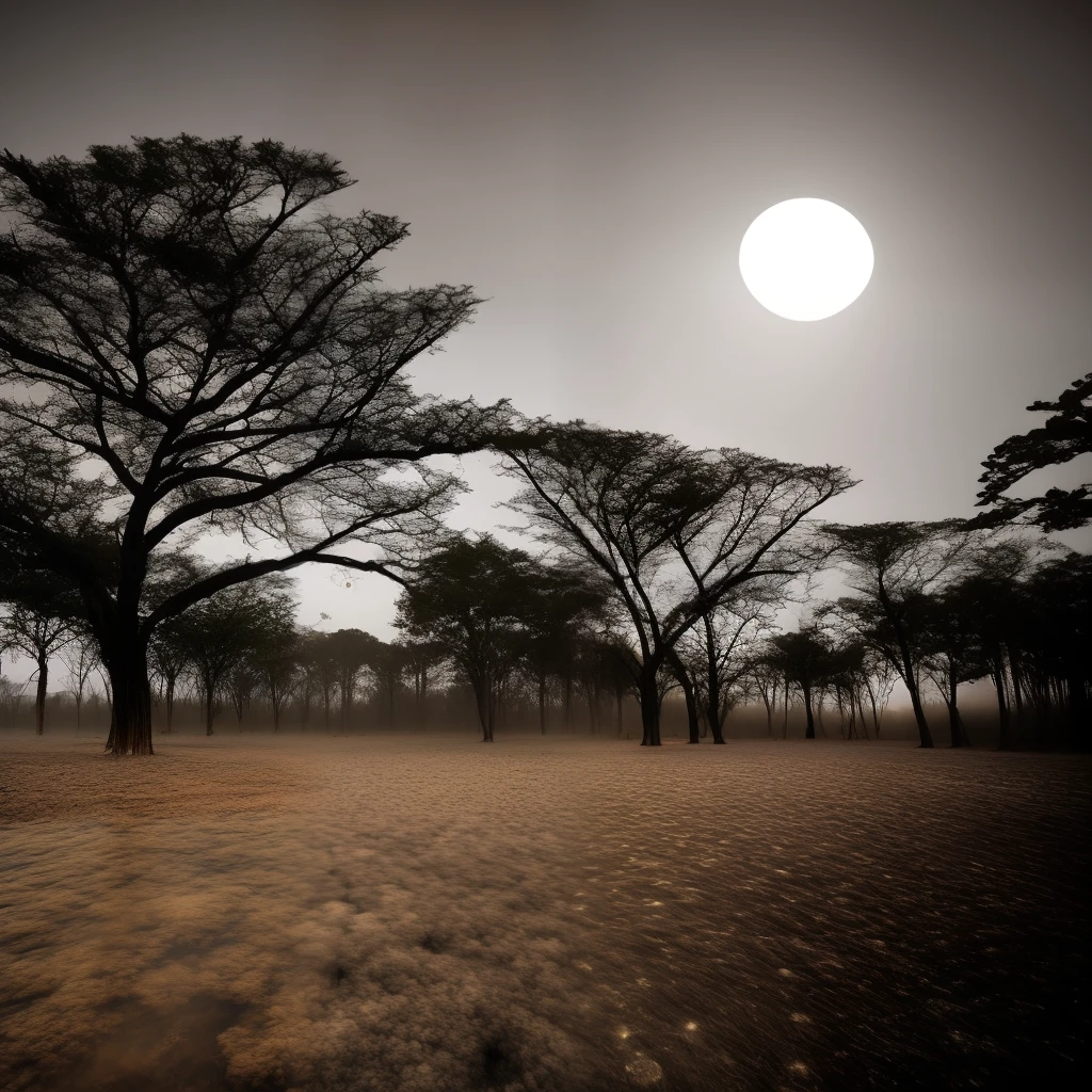 Havia uma fazenda, with the house very large and full of mist, A full moon in the sky, dry, gloomy-looking trees, foto tirada a noite, Fotografia 8k, Tomado com Sony Alpha 9, fotografia tirada em 2 0 2 0, Foto tirada com Canon 5D, Chiba Yuda